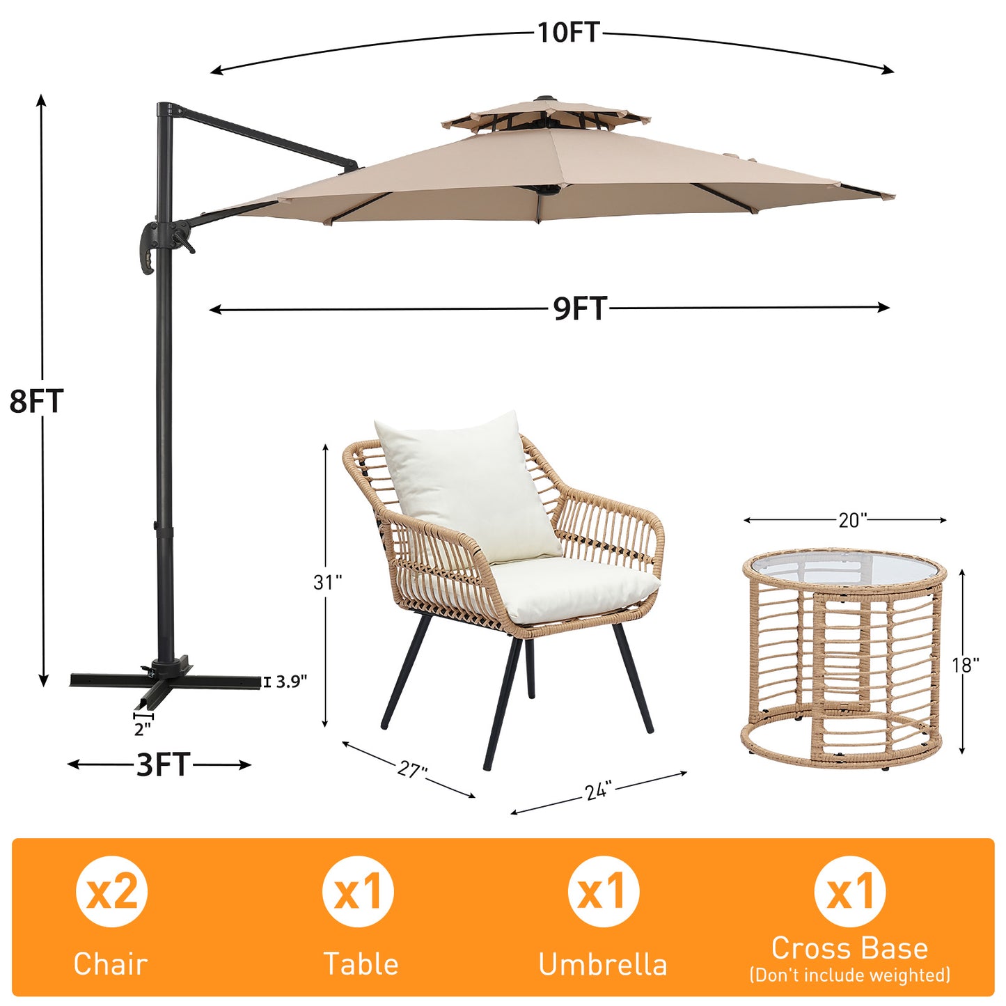 Autlaycil 5 Pcs Patio Outdoor Furniture Sets Contains 2 Wicker Furniture Patio Bistro Chairs, Table, 10 ft Outdoor Offset Cantilever Umbrella and Cross Base, Khaki