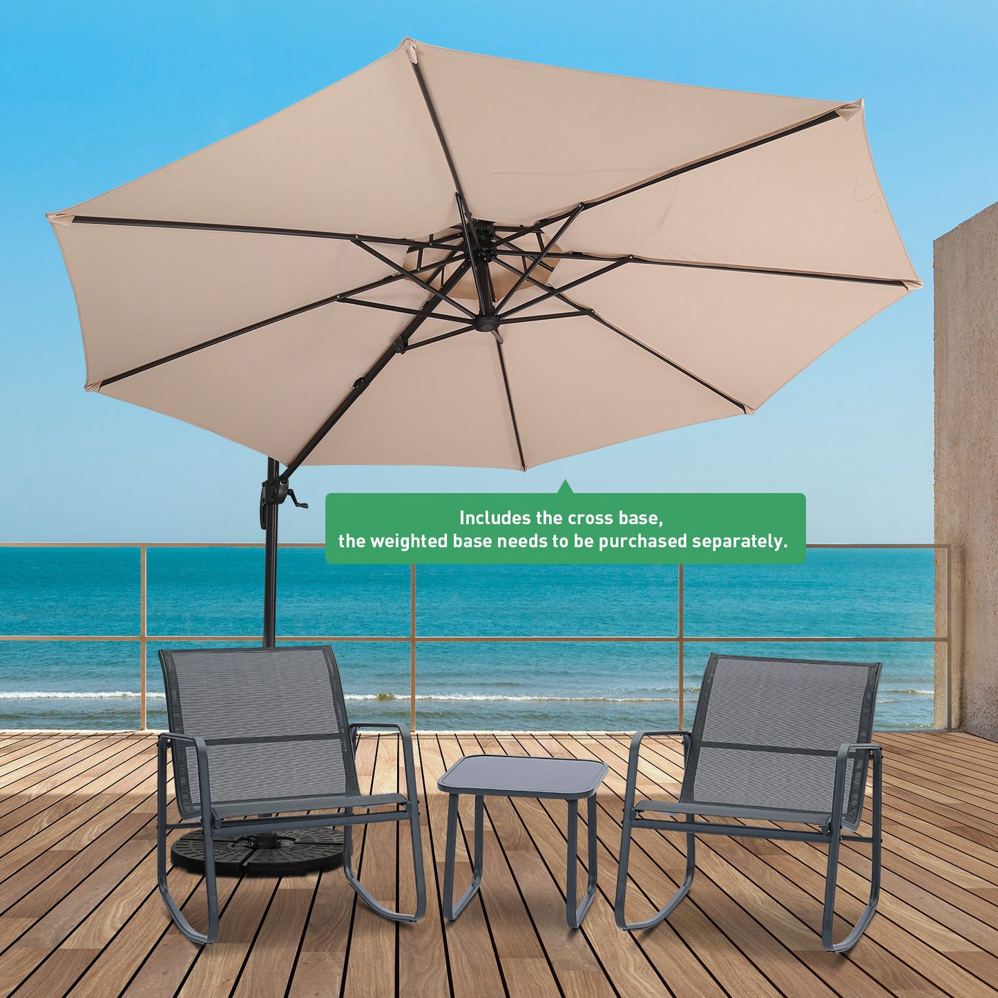 Autlaycil 5 Pcs Patio Outdoor Furniture Sets Contains 2 Textilene Fabric Rocking Bistro Chairs, Table, 10 ft Outdoor Offset Cantilever Umbrella and Cross Base, Khaki