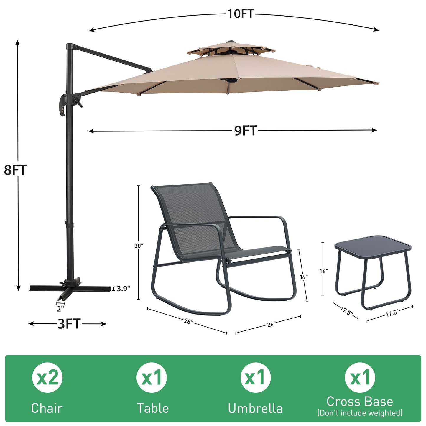 Autlaycil 5 Pcs Patio Outdoor Furniture Sets Contains 2 Textilene Fabric Rocking Bistro Chairs, Table, 10 ft Outdoor Offset Cantilever Umbrella and Cross Base, Khaki