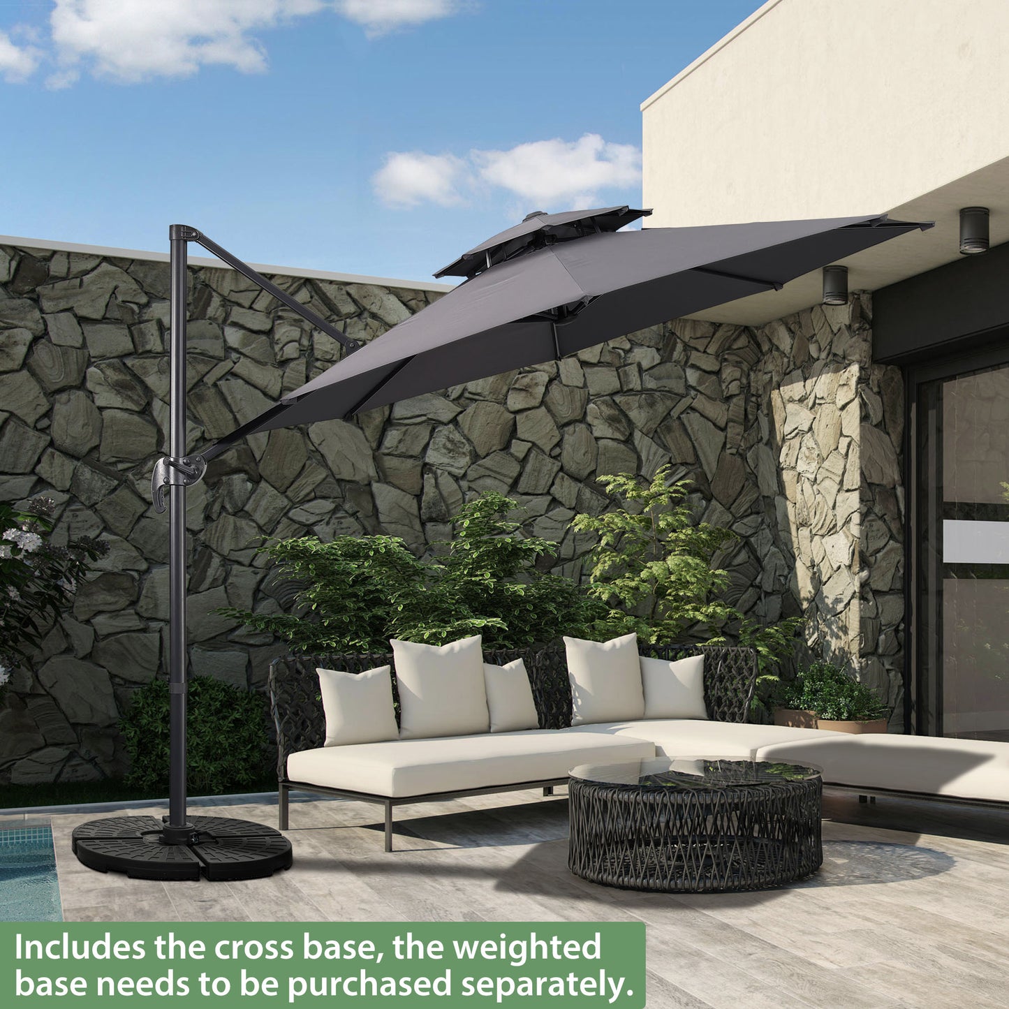 Autlaycil 10 FT Aluminum Offset Outdoor Cantilever Umbrella with 360-degree Rotation, 2-Tier Patio Umbrella, Grey
