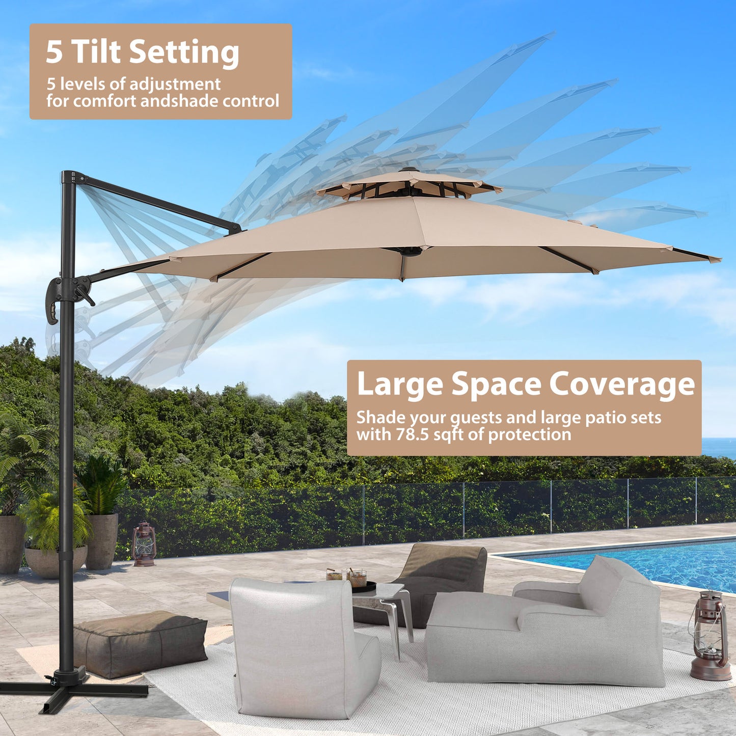 Autlaycil 5 Pcs Patio Outdoor Furniture Sets Contains 2 Wicker Furniture Patio Bistro Chairs, Table, 10 ft Outdoor Offset Cantilever Umbrella and Cross Base, Khaki