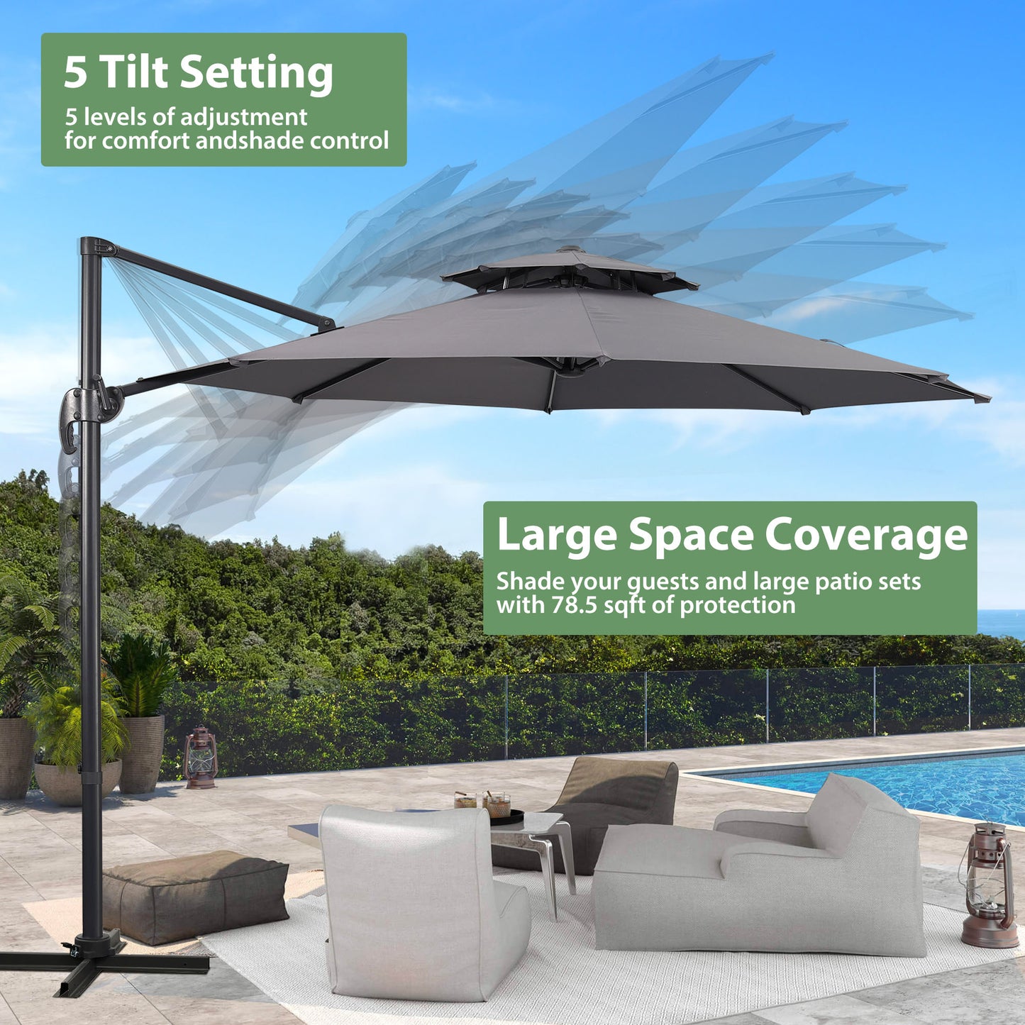 Autlaycil 10 FT Aluminum Offset Outdoor Cantilever Umbrella with 360-degree Rotation, 2-Tier Patio Umbrella, Grey