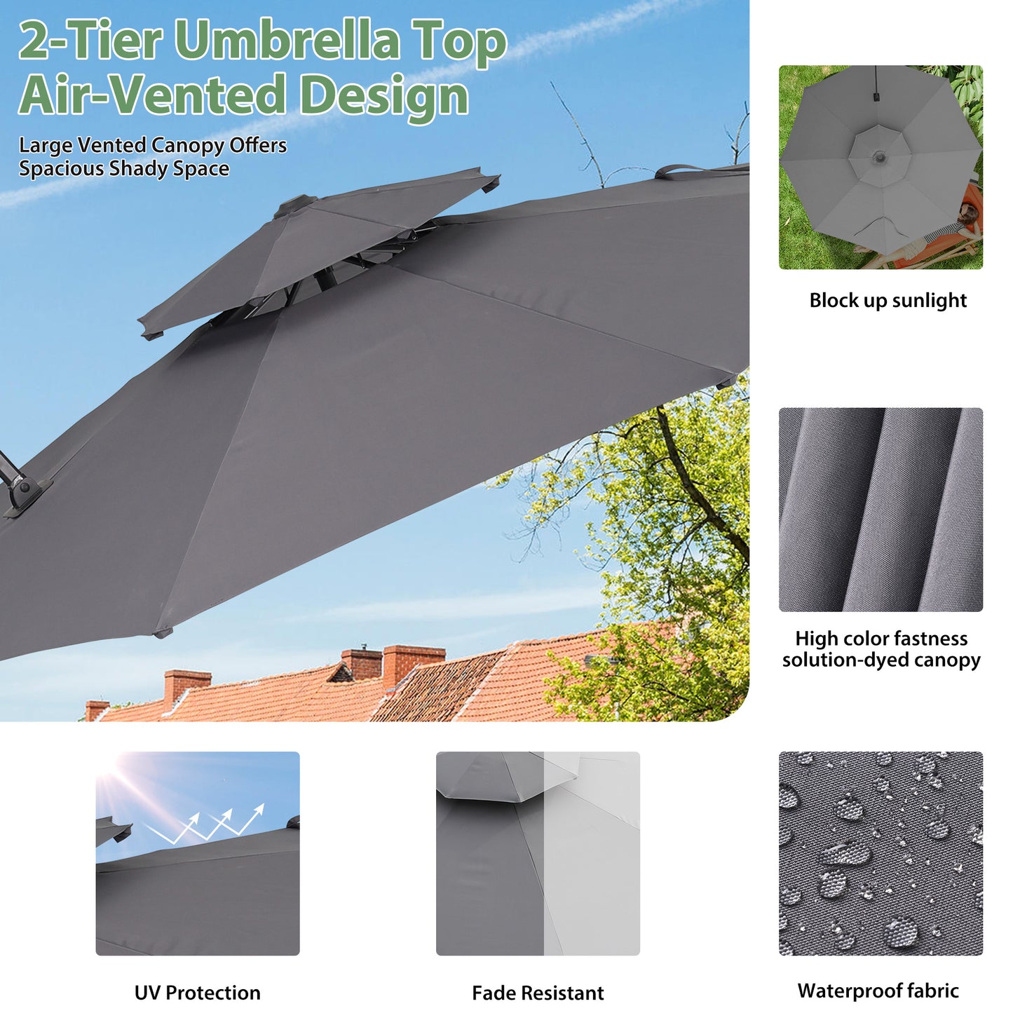 Autlaycil 10 FT Aluminum Offset Outdoor Cantilever Umbrella with 360-degree Rotation, 2-Tier Patio Umbrella, Grey