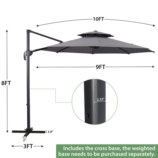 Autlaycil 10 FT Aluminum Offset Outdoor Cantilever Umbrella with 360-degree Rotation, 2-Tier Patio Umbrella, Grey