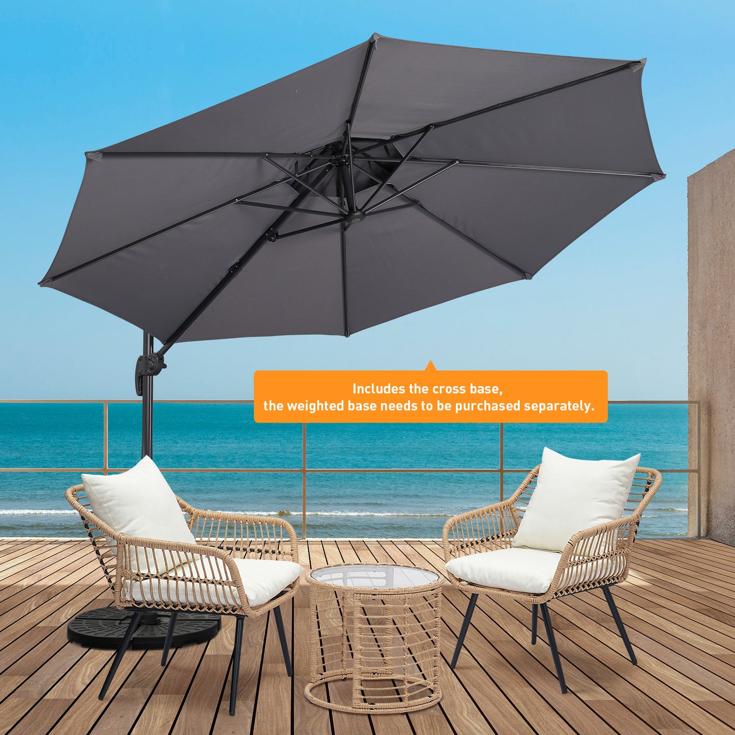 Autlaycil 5 Pcs Patio Outdoor Furniture Sets Contains 2 Wicker Furniture Patio Bistro Chairs, Table, 10 ft Outdoor Offset Cantilever Umbrella and Cross Base, Grey