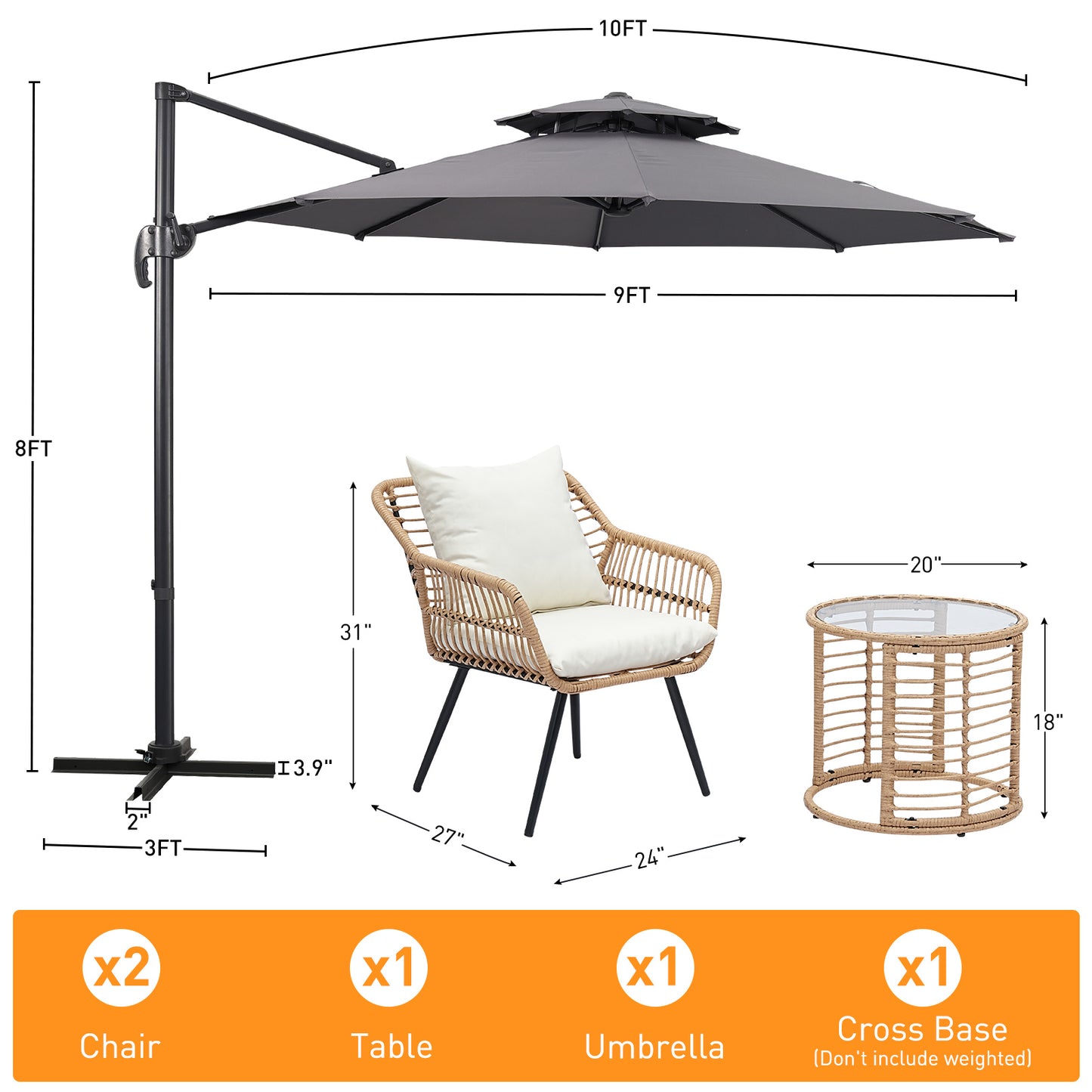 Autlaycil 5 Pcs Patio Outdoor Furniture Sets Contains 2 Wicker Furniture Patio Bistro Chairs, Table, 10 ft Outdoor Offset Cantilever Umbrella and Cross Base, Grey