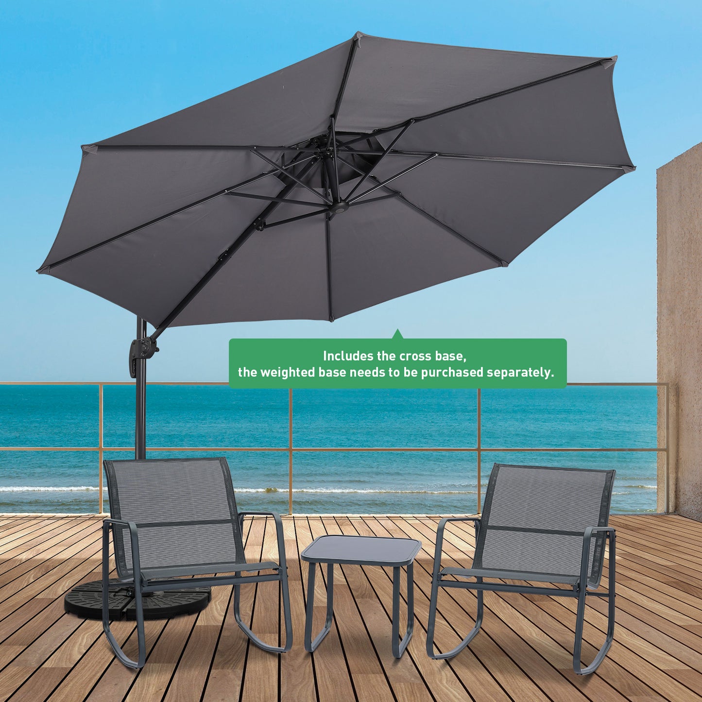 Autlaycil 5 Pcs Patio Outdoor Furniture Sets Contains 2 Textilene Fabric Rocking Bistro Chairs, Table, 10 ft Outdoor Offset Cantilever Umbrella and Cross Base, Grey