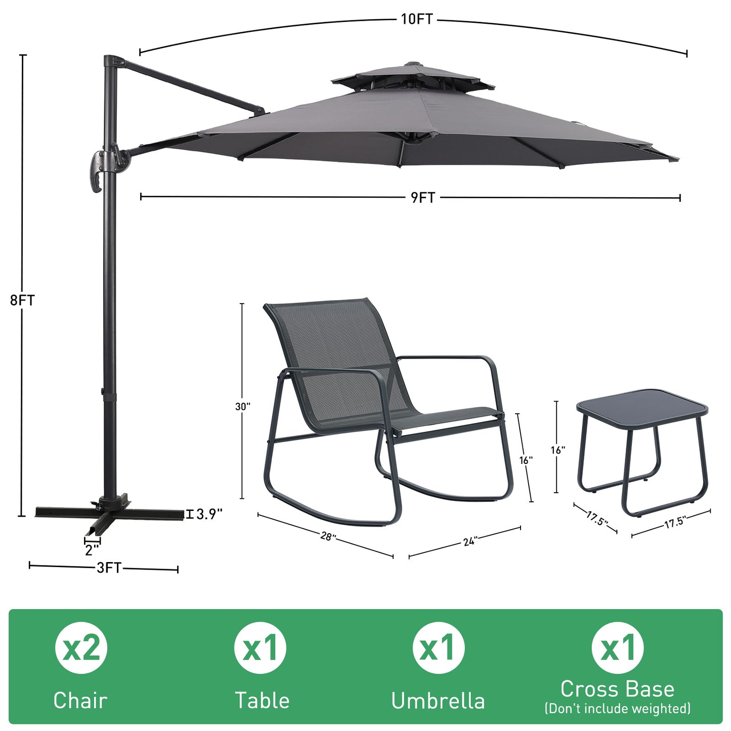 Autlaycil 5 Pcs Patio Outdoor Furniture Sets Contains 2 Textilene Fabric Rocking Bistro Chairs, Table, 10 ft Outdoor Offset Cantilever Umbrella and Cross Base, Grey