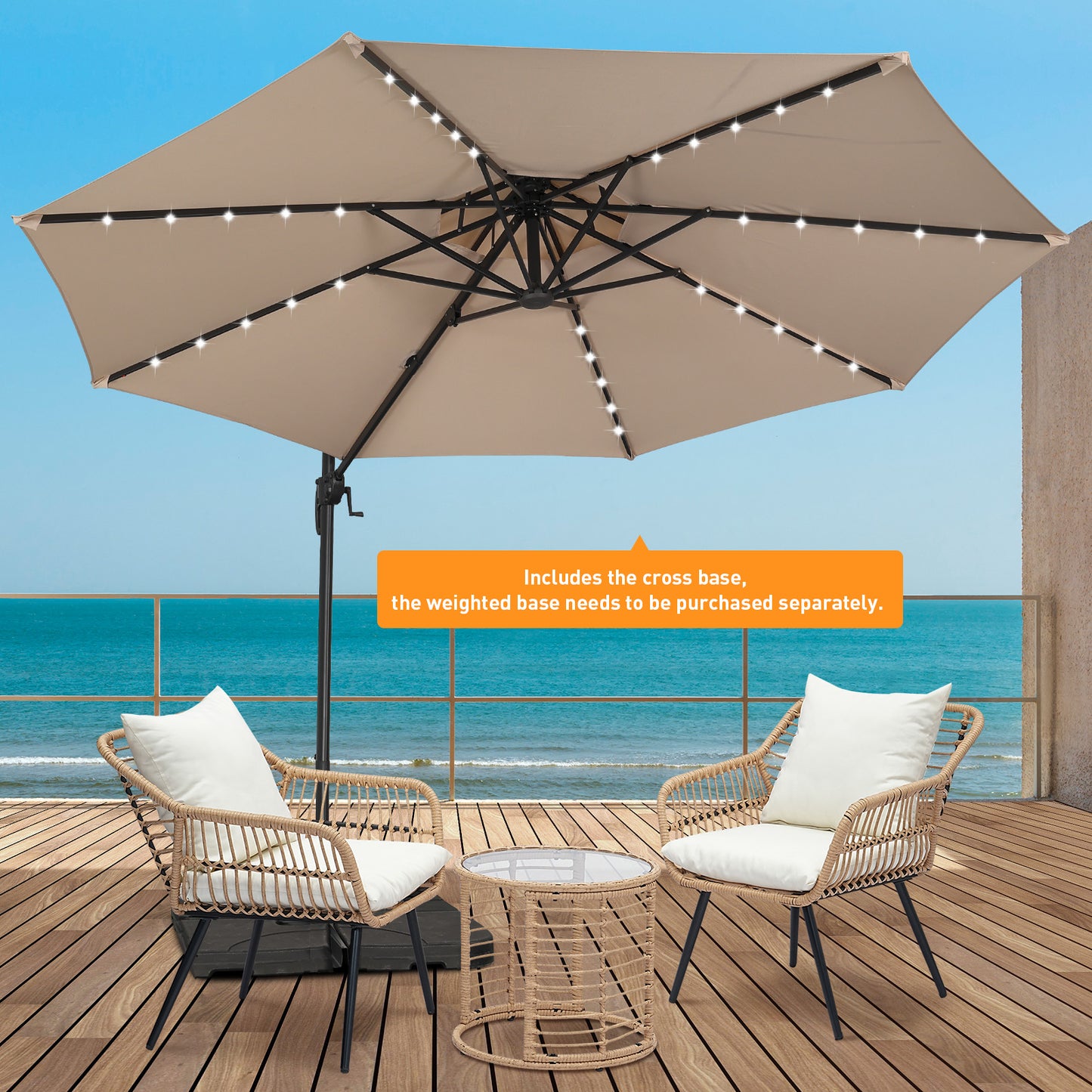 Autlaycil 5 Pcs Patio Outdoor Furniture Sets Contains 2 Wicker Furniture Patio Bistro Chairs, Table, 10 ft Solar Offset Cantilever Umbrella and Cross Base, Khaki