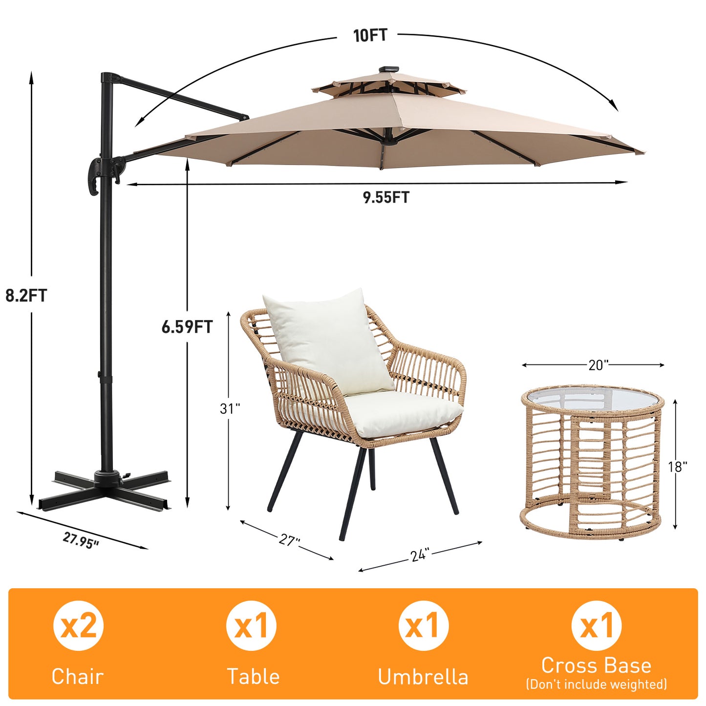 Autlaycil 5 Pcs Patio Outdoor Furniture Sets Contains 2 Wicker Furniture Patio Bistro Chairs, Table, 10 ft Solar Offset Cantilever Umbrella and Cross Base, Khaki