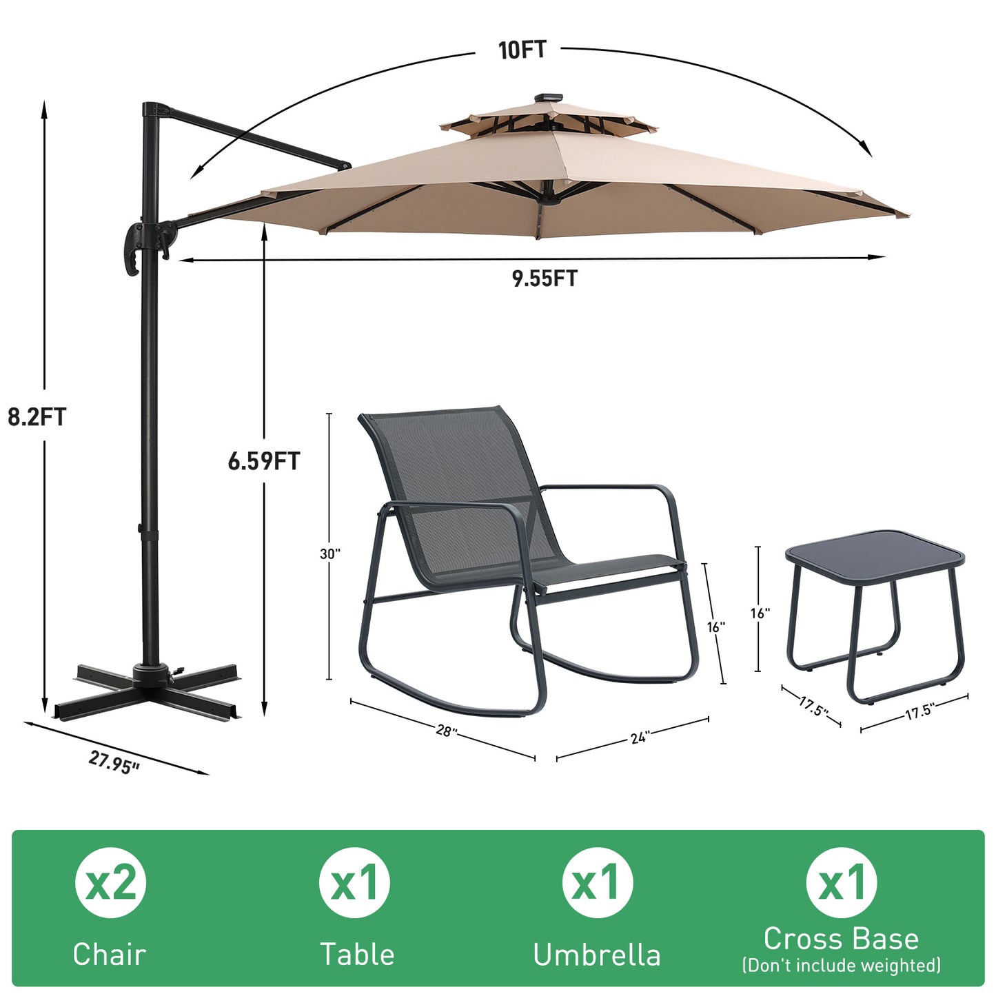 Autlaycil 5 Pcs Patio Outdoor Furniture Sets Contains 2 Textilene Fabric Rocking Bistro Chairs, Table, 10 ft Solar Offset Cantilever Umbrella and Cross Base, Khaki