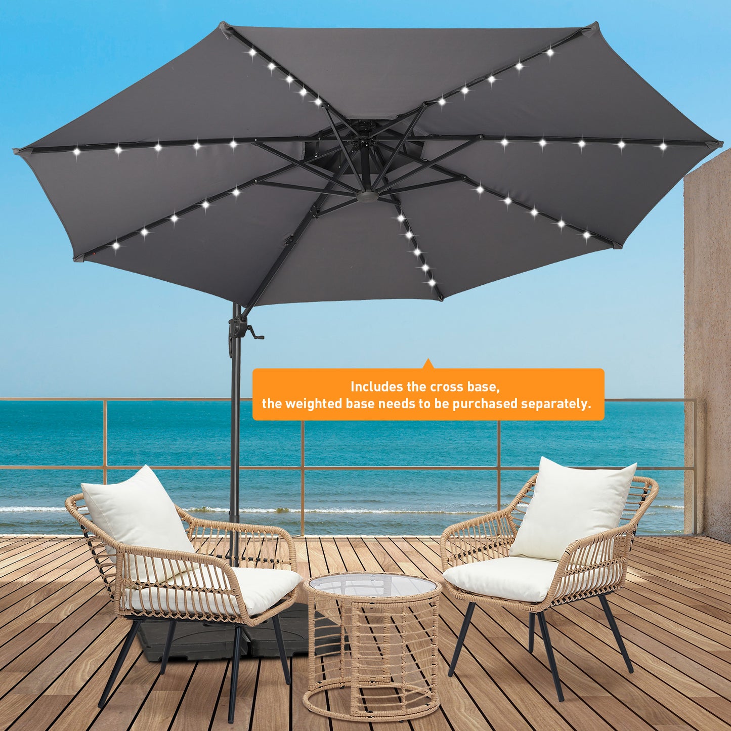 Autlaycil 5 Pcs Patio Outdoor Furniture Sets Contains 2 Wicker Furniture Patio Bistro Chairs, Table, 10 ft Solar Offset Cantilever Umbrella and Cross Base, Grey