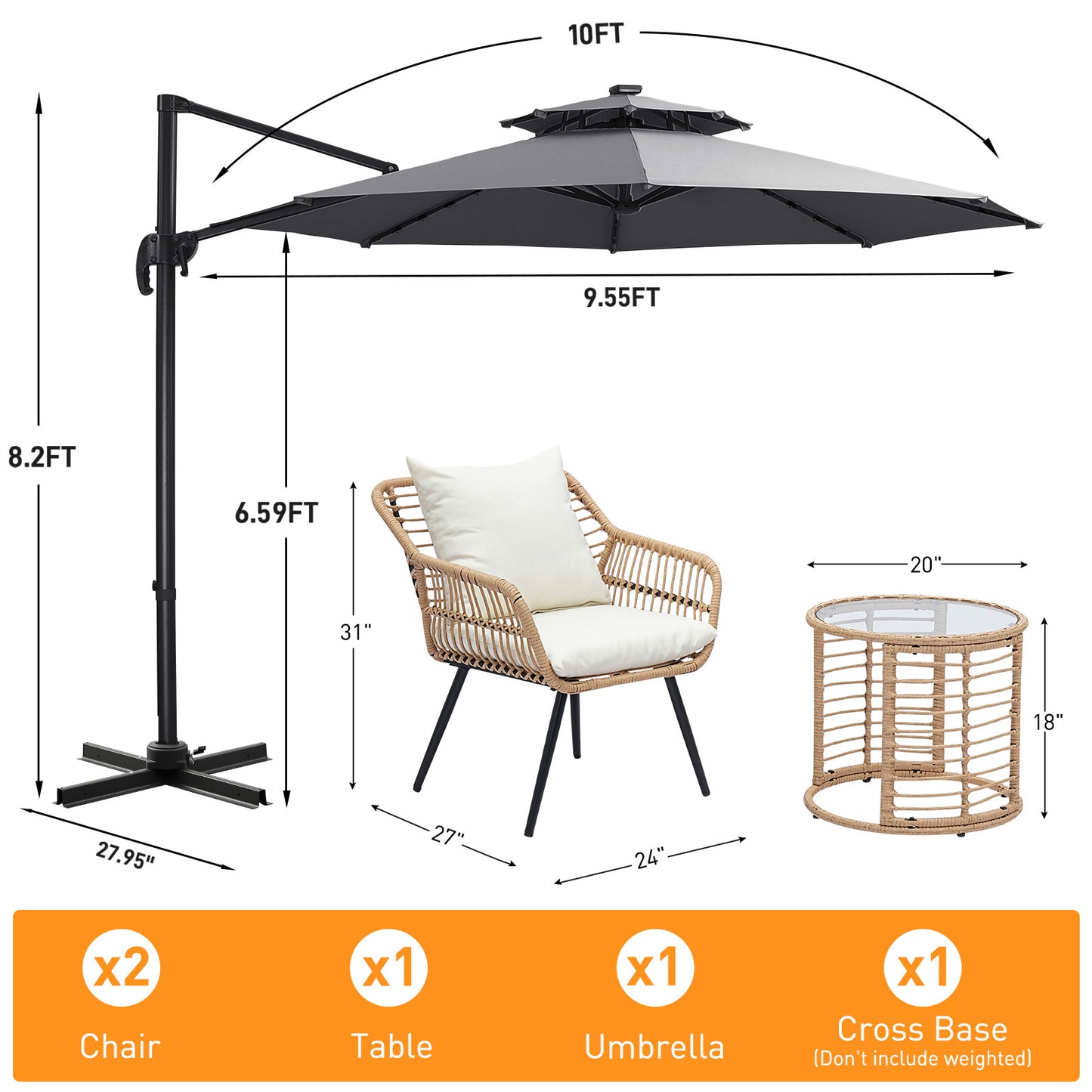 Autlaycil 5 Pcs Patio Outdoor Furniture Sets Contains 2 Wicker Furniture Patio Bistro Chairs, Table, 10 ft Solar Offset Cantilever Umbrella and Cross Base, Grey