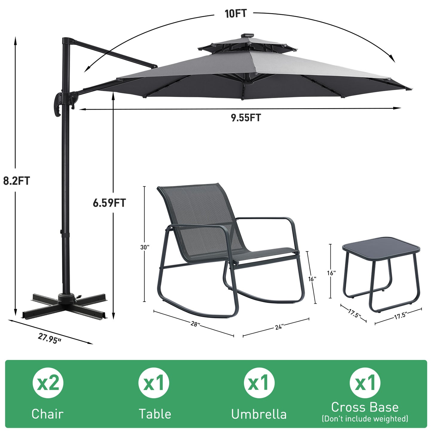 Autlaycil 5 Pcs Patio Outdoor Furniture Sets Contains 2 Textilene Fabric Rocking Bistro Chairs, Table, 10 ft Solar Offset Cantilever Umbrella and Cross Base, Grey