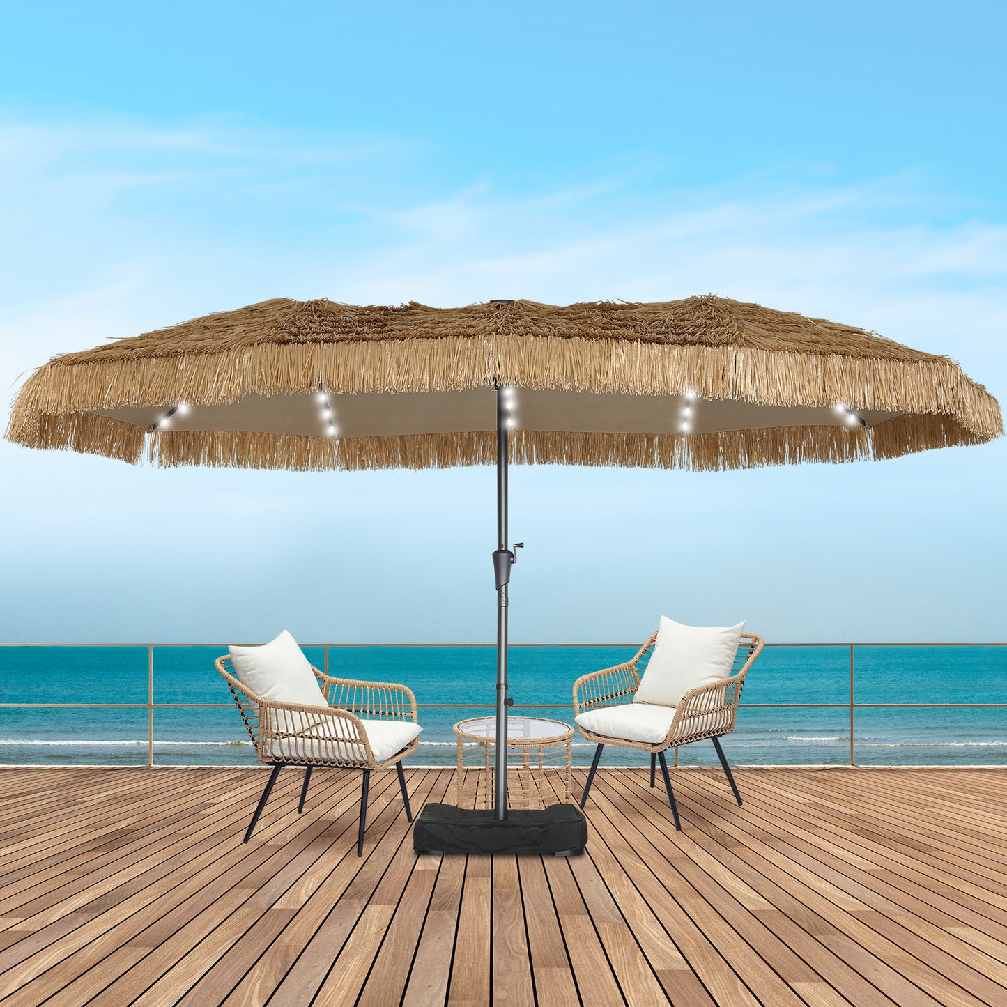 Autlaycil 5 Pcs Patio Outdoor Furniture Sets Contains 2 Wicker Furniture Patio Bistro Chairs, Table, 15 ft Solar Patio Tiki Umbrella with Umbrella Base and Sand Bags