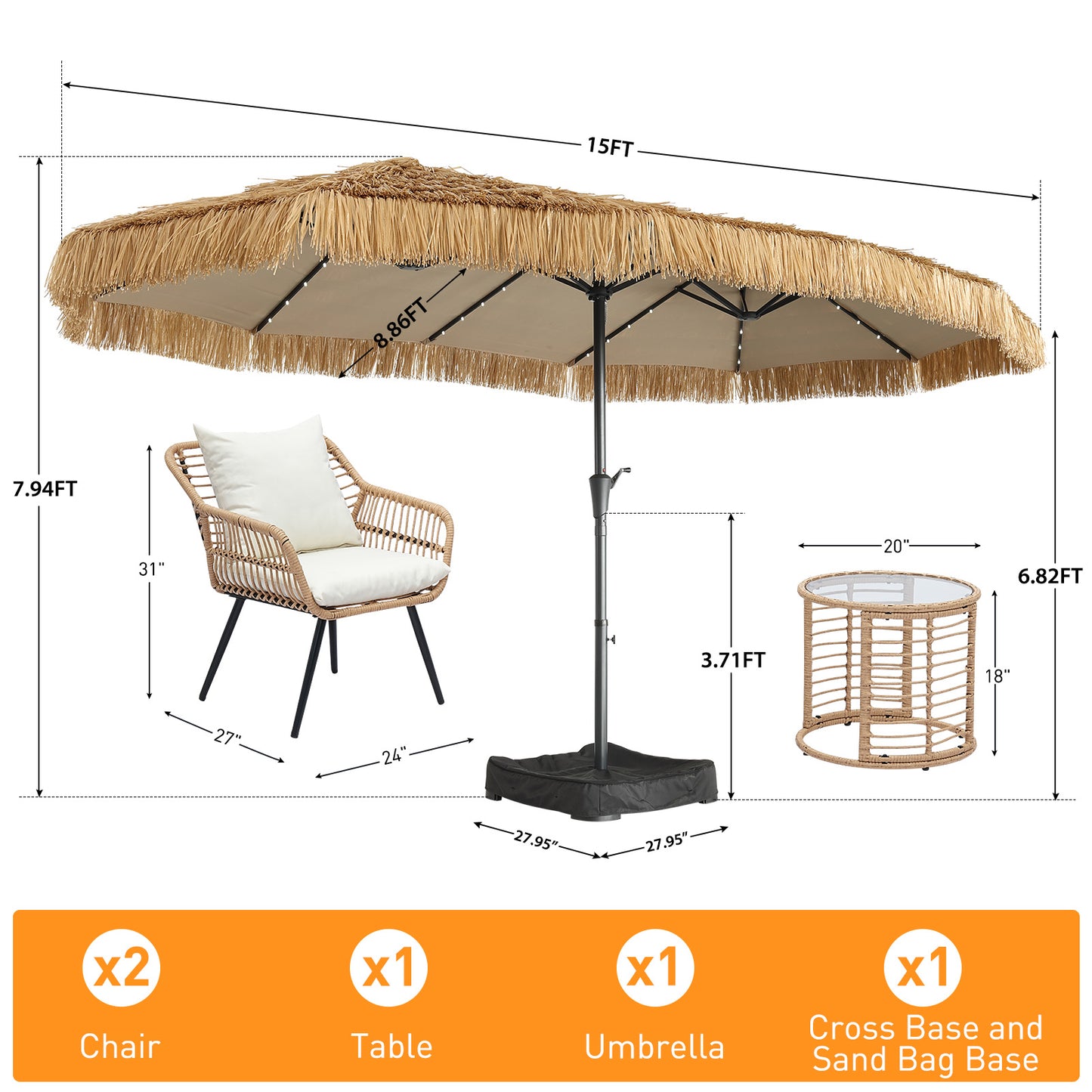 Autlaycil 5 Pcs Patio Outdoor Furniture Sets Contains 2 Wicker Furniture Patio Bistro Chairs, Table, 15 ft Solar Patio Tiki Umbrella with Umbrella Base and Sand Bags