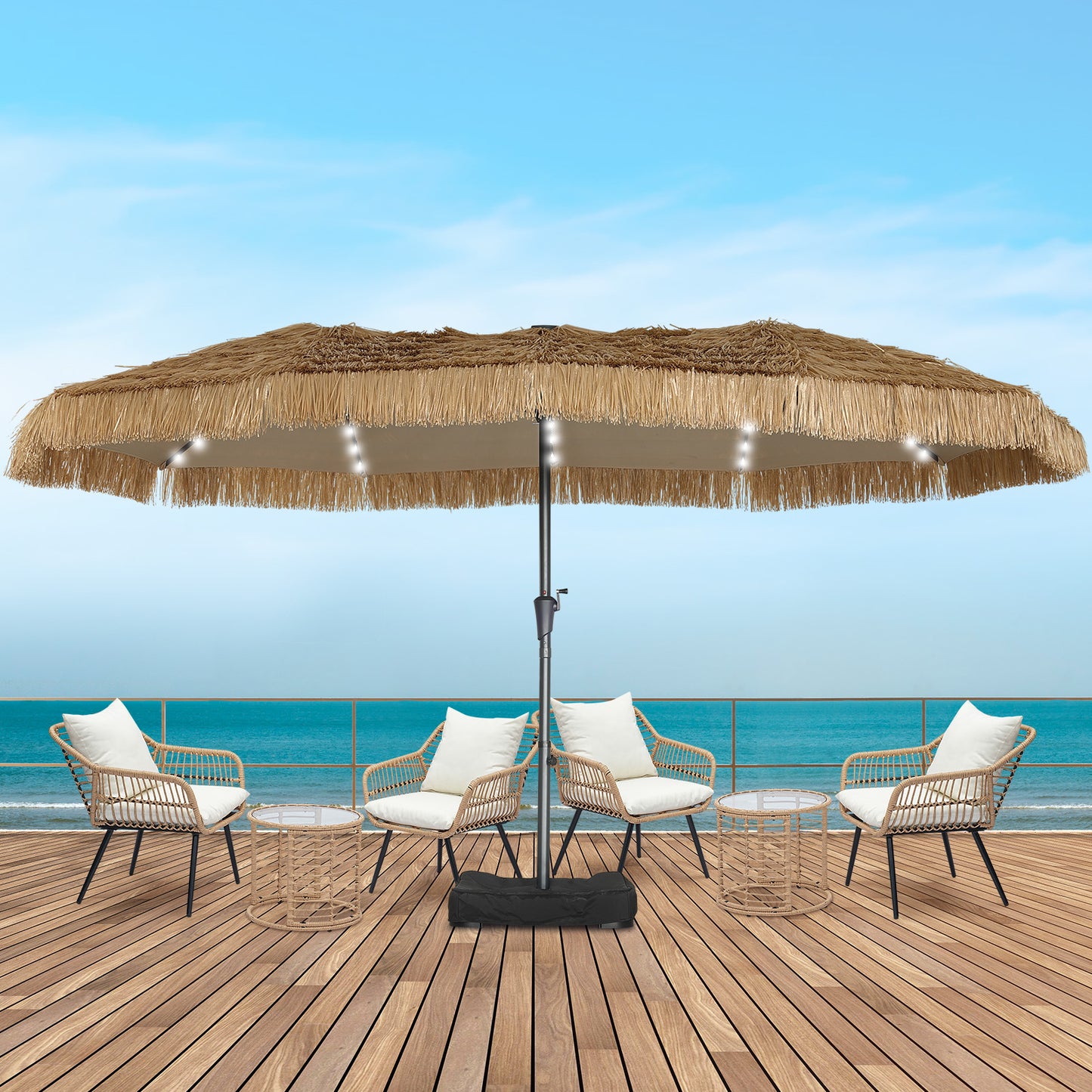 Autlaycil 8 Pcs Patio Outdoor Furniture Sets Contains 4 Wicker Furniture Patio Bistro Chairs, 2 Tables, 15 ft Solar Patio Tiki Umbrella with Umbrella Base and Sand Bags