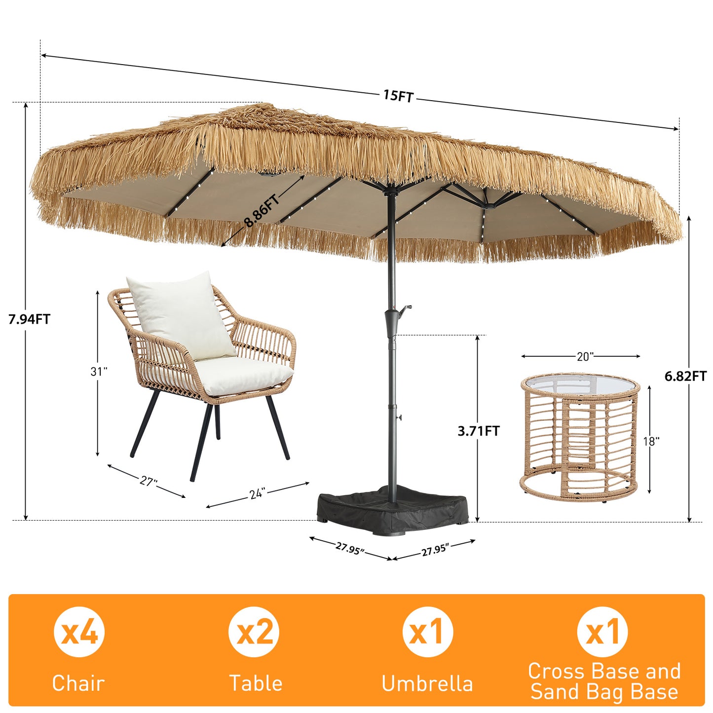 Autlaycil 8 Pcs Patio Outdoor Furniture Sets Contains 4 Wicker Furniture Patio Bistro Chairs, 2 Tables, 15 ft Solar Patio Tiki Umbrella with Umbrella Base and Sand Bags