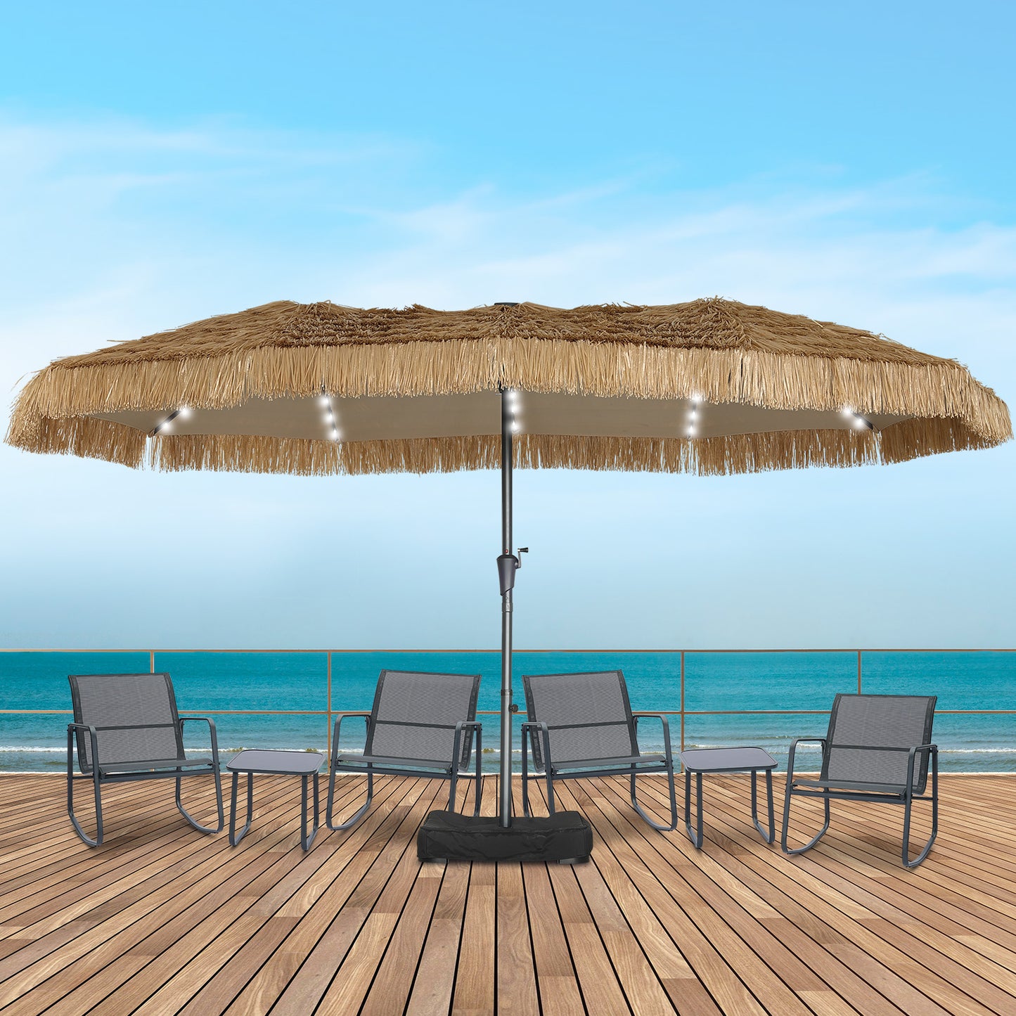 Autlaycil 8 Pcs Patio Outdoor Furniture Sets Contains 4 Textilene Fabric Rocking Bistro Chairs, 2 Tables, 15 ft Solar Patio Tiki Umbrella with Umbrella Base and Sand Bags