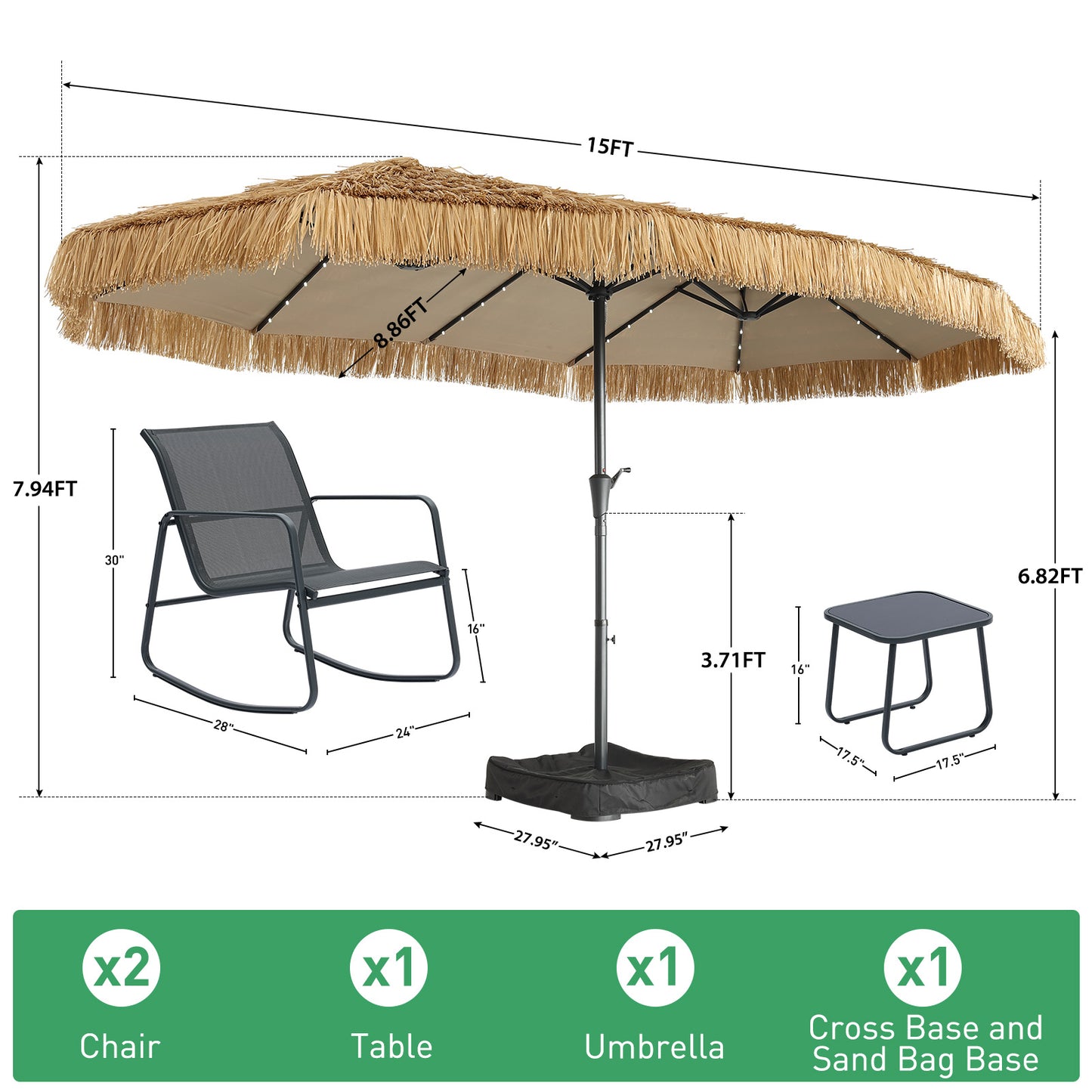 Autlaycil 8 Pcs Patio Outdoor Furniture Sets Contains 4 Textilene Fabric Rocking Bistro Chairs, 2 Tables, 15 ft Solar Patio Tiki Umbrella with Umbrella Base and Sand Bags