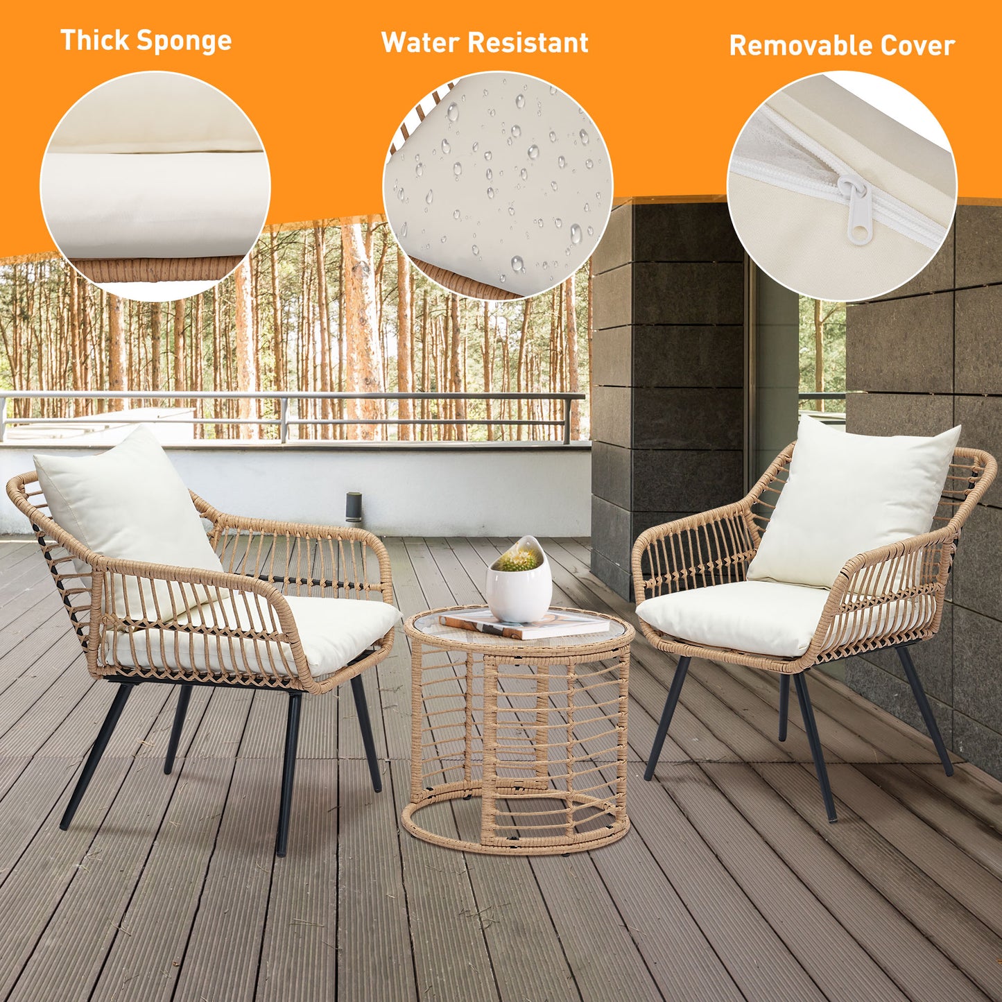Autlaycil 5 Pcs Patio Outdoor Furniture Sets Contains 2 Wicker Furniture Patio Bistro Chairs, Table, 10 ft Solar Cantilever Umbrella and Cross Base with Sandbag, Khaki