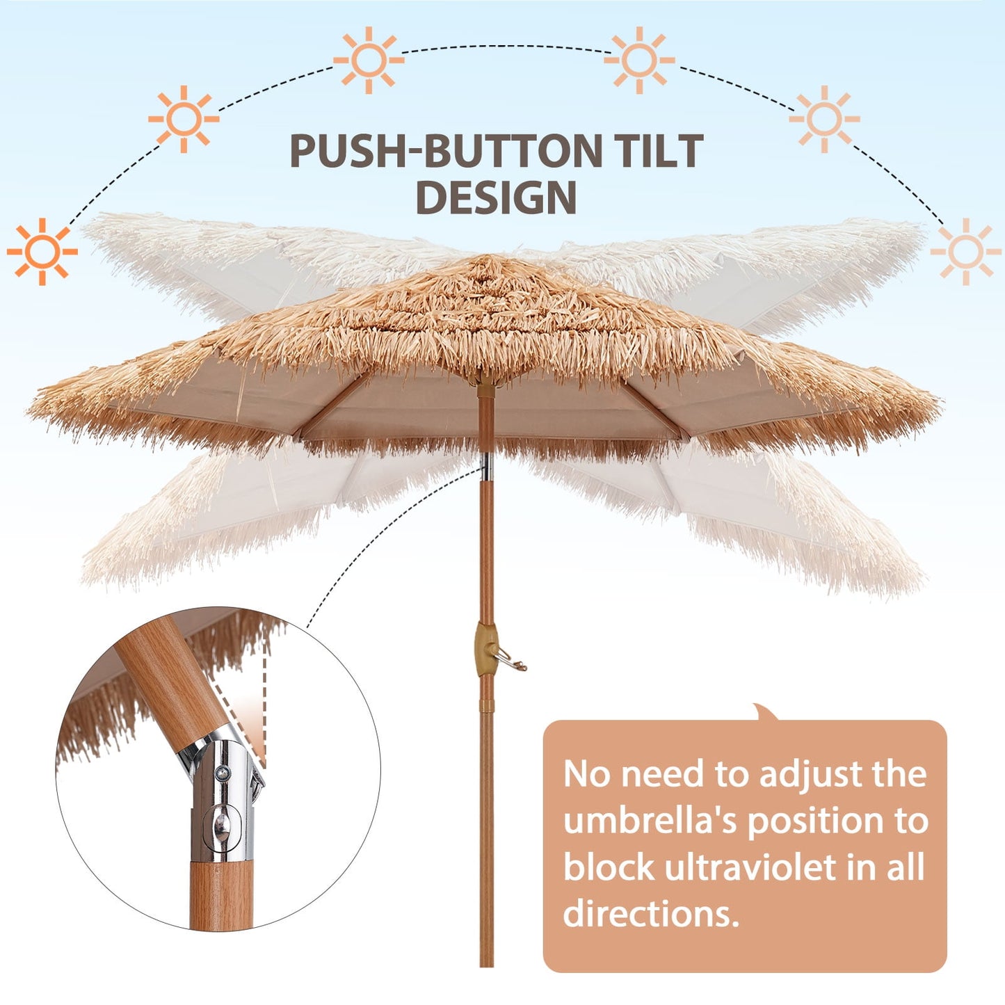 Autlaycil 7.5FT Grass Tiki Patio Umbrella Outdoor Table Umbrella with Push Button Tilt and Crank, Contain Umbrella Base