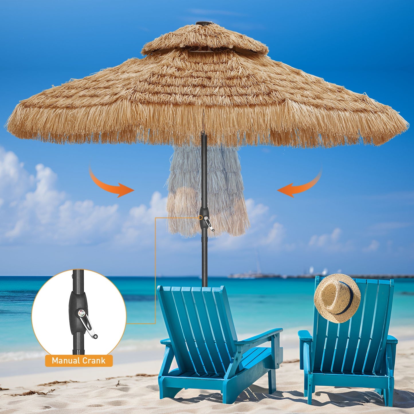 Autlaycil 9FT Grass Tiki Patio Umbrella Outdoor Table Umbrella with Push Button Tilt and Crank, 32 LED Lights, Contain Umbrella Base