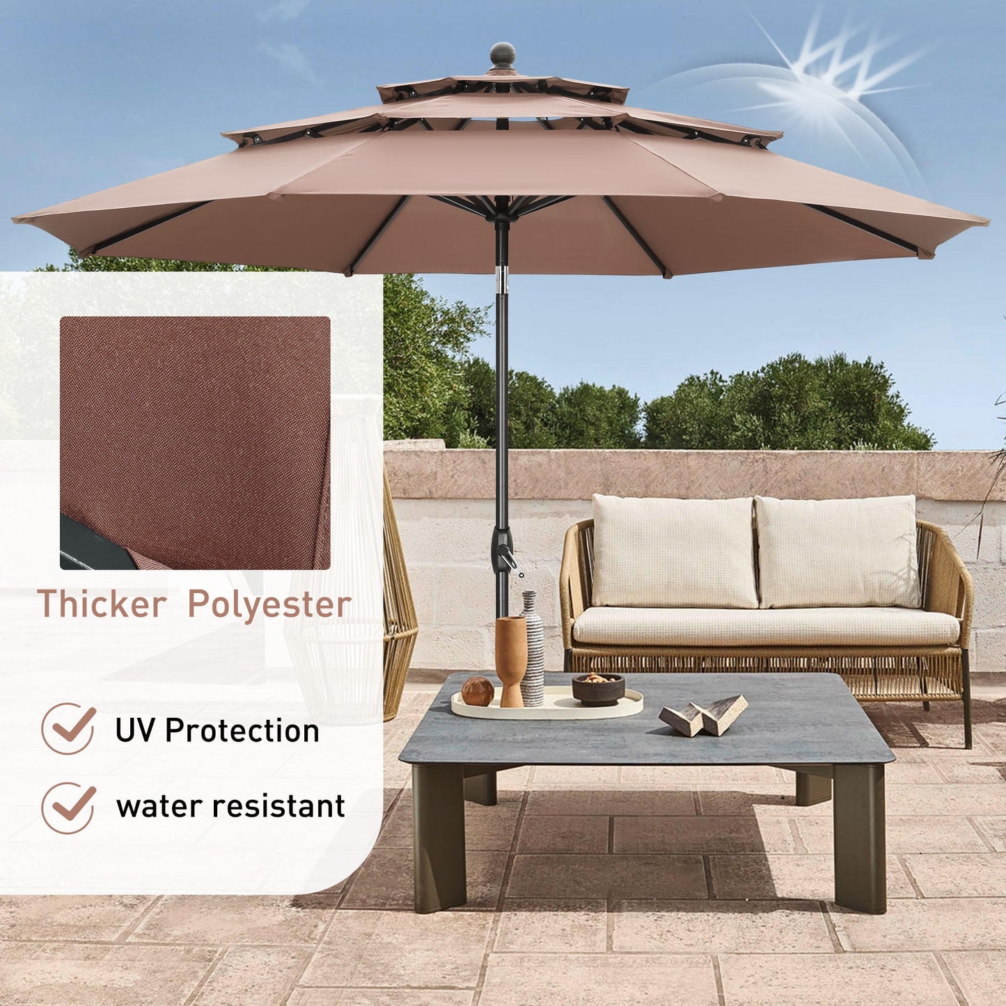 Autlaycil 10 ft Patio Umbrella with Base 3 Tiers Adjustable Outdoor Market Umbrella with Crank for Beach Pool (Coffee)