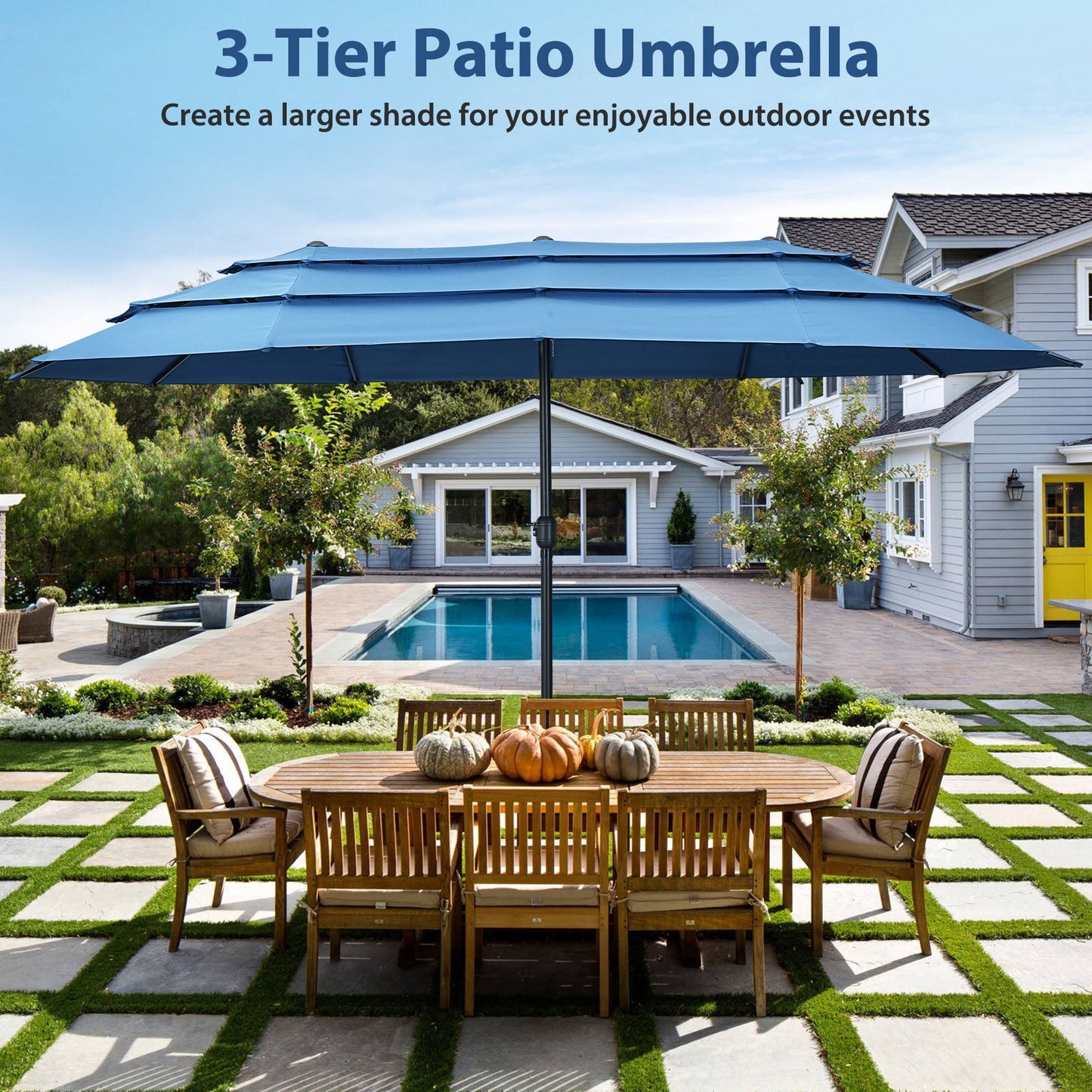 Autlaycil 15ft Patio Umbrella with 3-Tiers Umbrella Top, Airflow Smooth and Stable, Lock Bolt and Crank,Blue