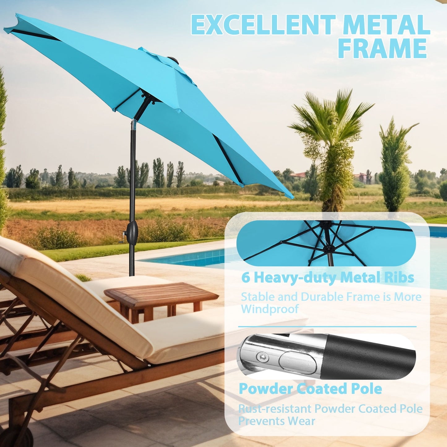 Autlaycil 9ft Outdoor Patio Umbrella 6 Ribs with Tilt and Crank Patio Table Umbrella, Blue
