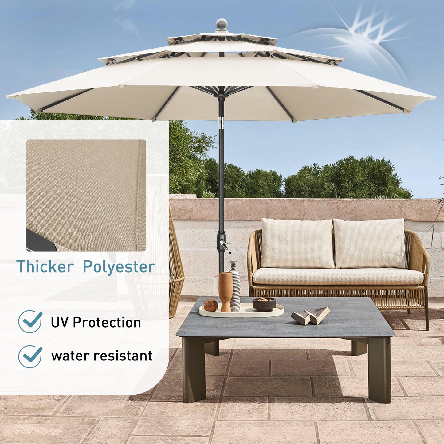 Autlaycil 10 ft Patio Umbrella with Base 3 Tiers Adjustable Outdoor Market Umbrella with Crank for Beach Pool (Khaki)