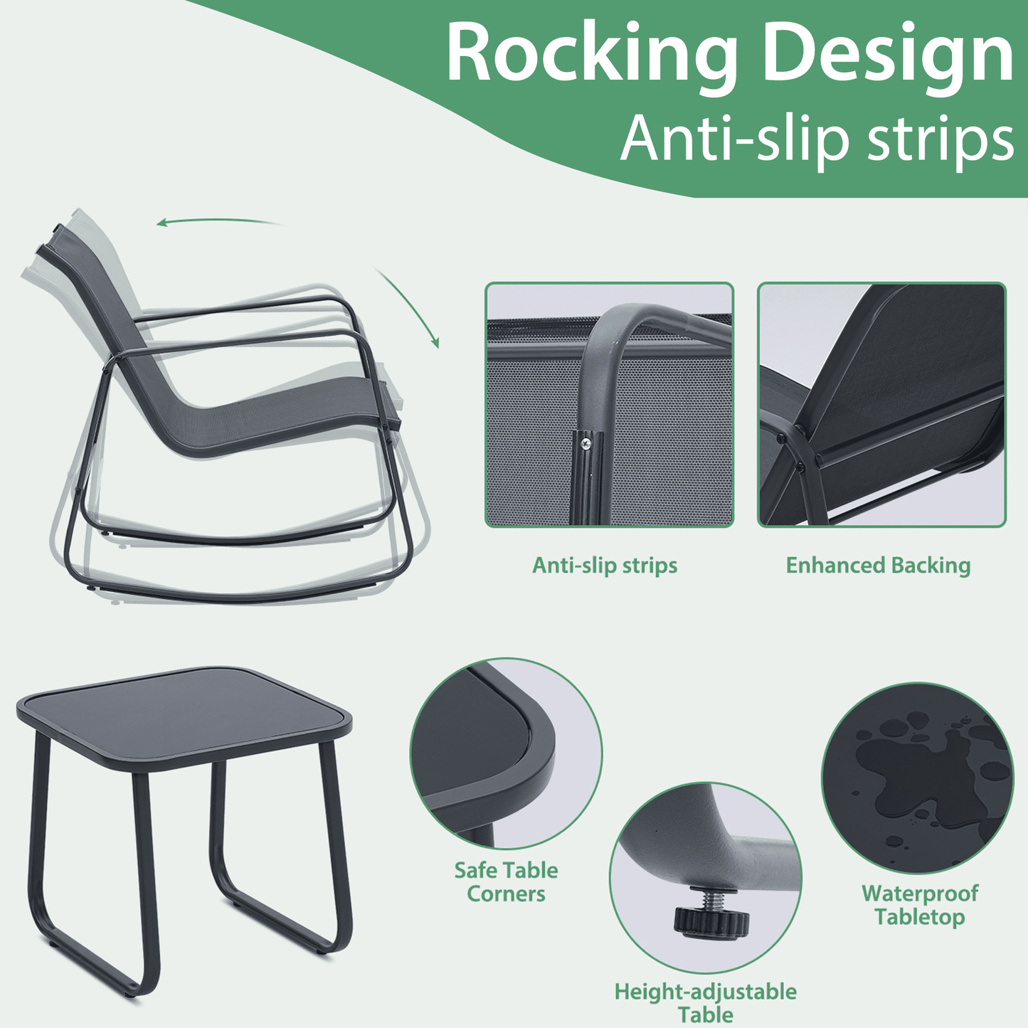 Autlaycil 5 Pcs Patio Outdoor Furniture Sets Contains 2 Textilene Fabric Rocking Bistro Chairs, a Table, a 7.5 ft Fringe Solar Umbrella with Button Tilt and a Umbrella Base, Khaki