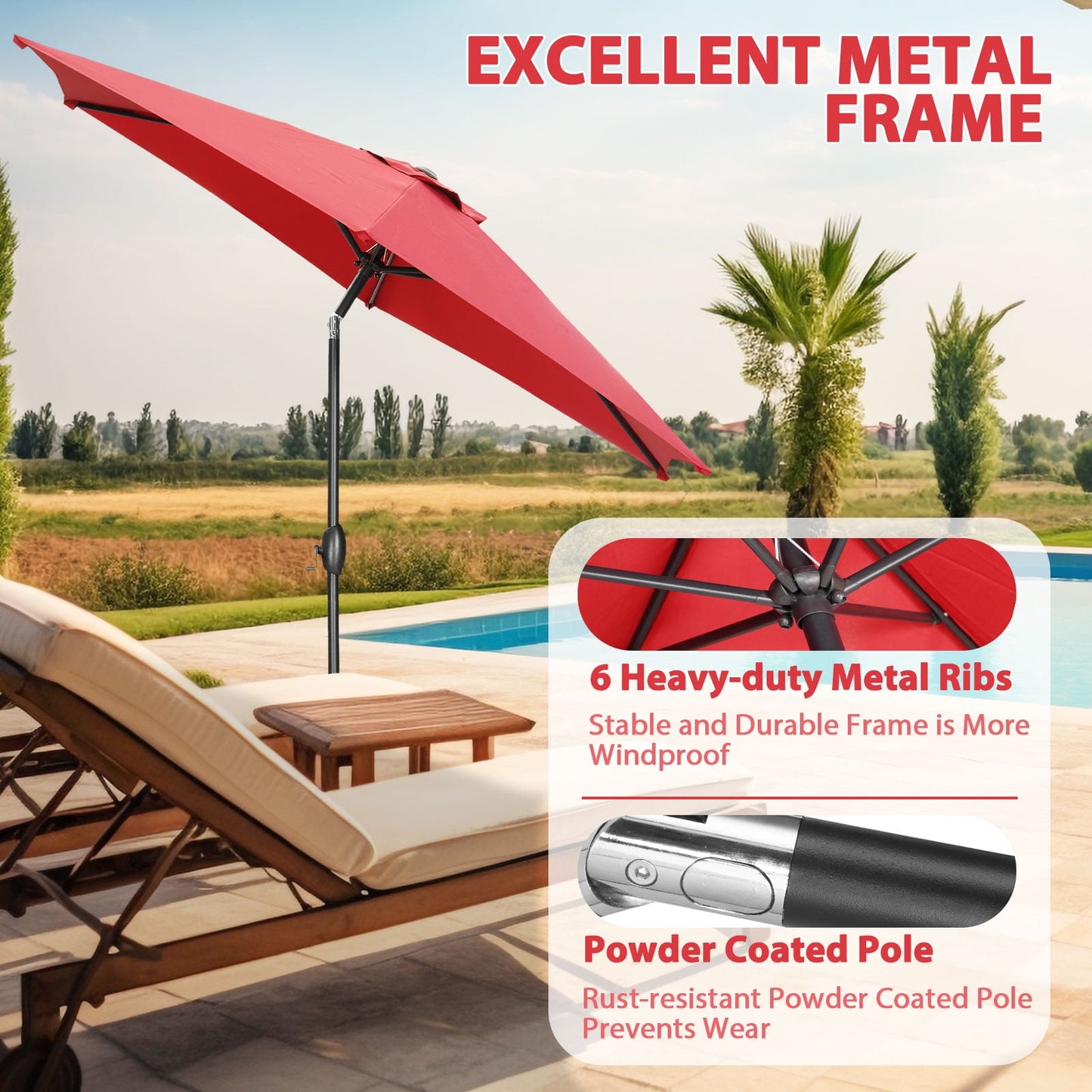 Autlaycil 9ft Outdoor Patio Umbrella 6 Ribs with Tilt and Crank Patio Table Umbrella, Red