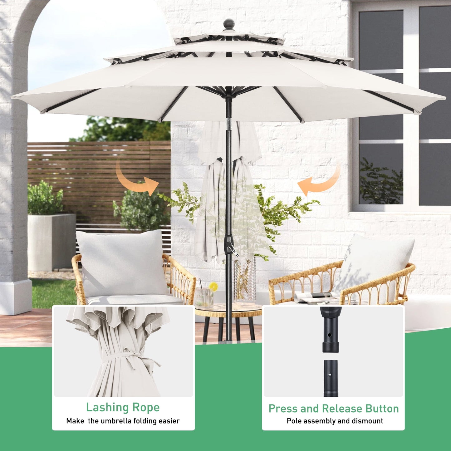 Autlaycil 10 ft Patio Umbrella with Base 3 Tiers Adjustable Outdoor Market Umbrella with Crank for Beach Pool (Cream White)