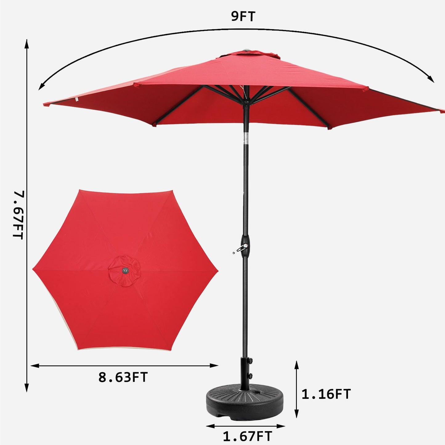 Autlaycil Patio Umbrella 9FT Outdoor Umbrella with Tilt, Crank and Umbrella Base, Adjustable Outdoor Market Umbrella for Garden, Lawn, Backyard and Pool-Red