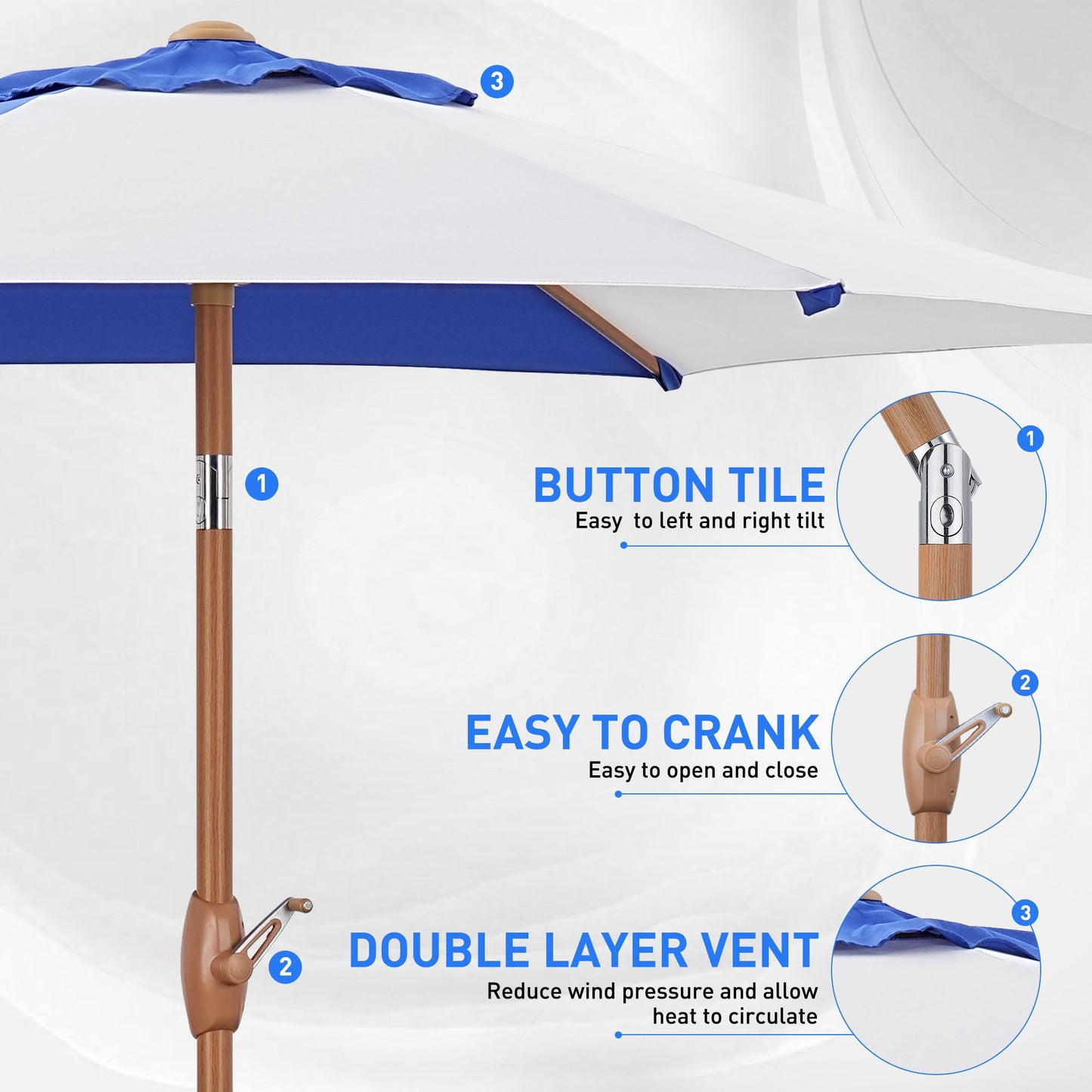 Autlaycil 5 Pcs Patio Outdoor Furniture Sets Contains 2 Textilene Fabric Rocking Bistro Chairs, a Table, a 7.5 ft Multicolour Patio Umbrella with Button Tilt and a Base, White/Blue