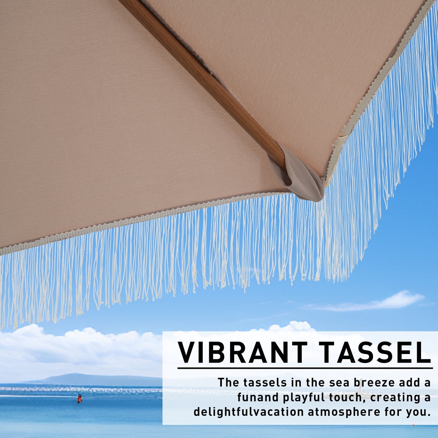 Autlaycil 7.5 ft Beige Fringe Patio Umbrella and Base, with Push Button Tilt and Crank for Beach, Pool, Outdoor