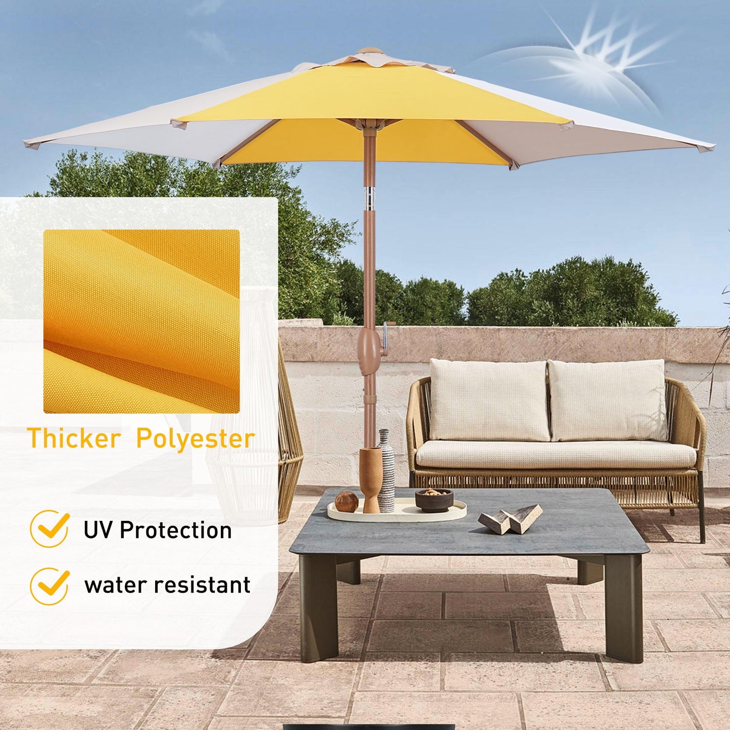 Autlaycil 7.5ft Patio Umbrella with Base and Button Tilt Sun Shelter UV Protection Beach for Market, Beach, Patio, Pool, Garden Backyard (Yellow/Khaki/White)