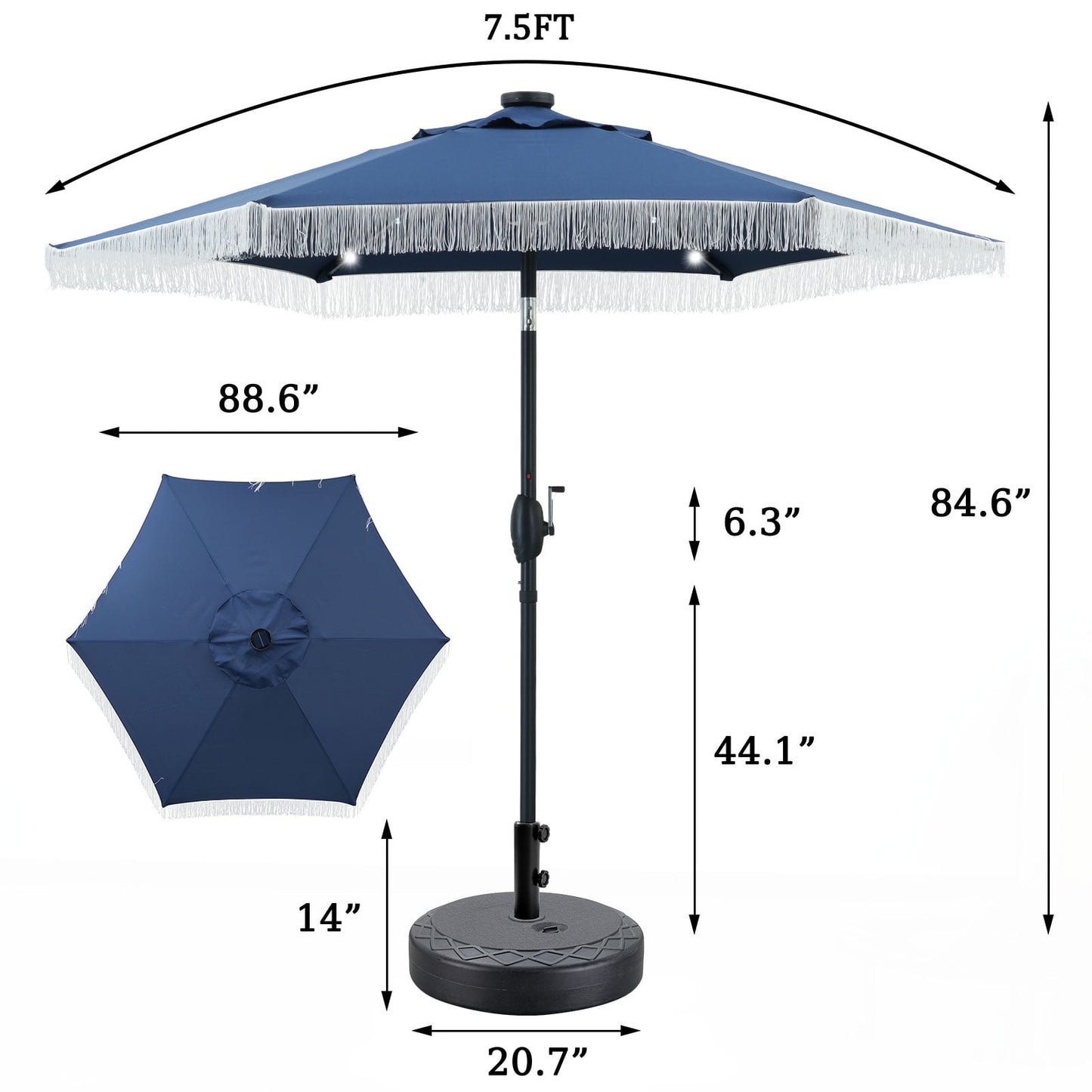Autlaycil 5 Pcs Patio Outdoor Furniture Sets Contains 2 Textilene Fabric Rocking Bistro Chairs, a Table, a 7.5 ft Fringe Solar Umbrella with Button Tilt and a Umbrella Base, Navy Blue