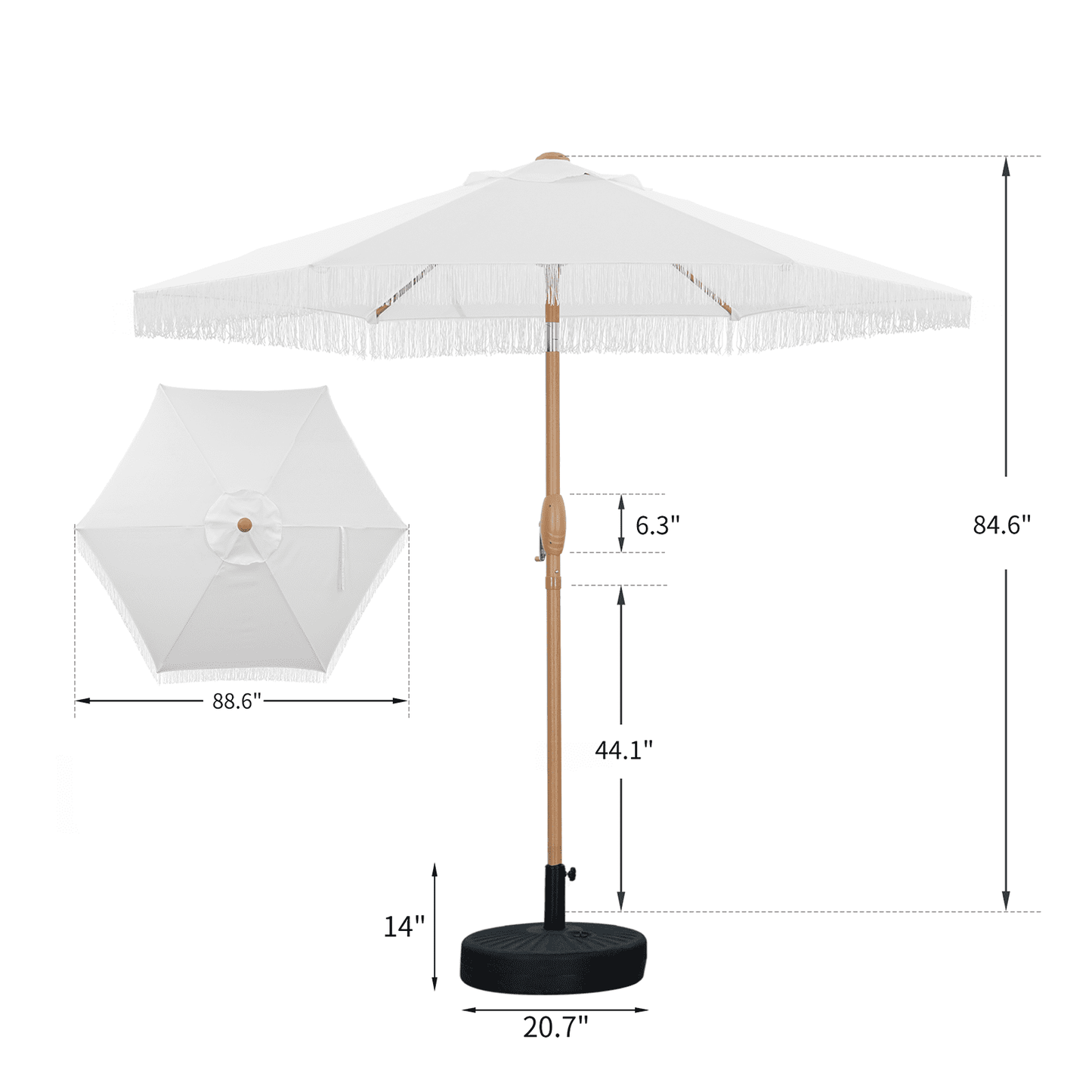 Autlaycil 7.5 ft Fringe Patio Umbrella and Umbrella Base and 3 Piece Outdoor Wicker Furniture Patio Bistro Set, Umbrella Button Tilt, White