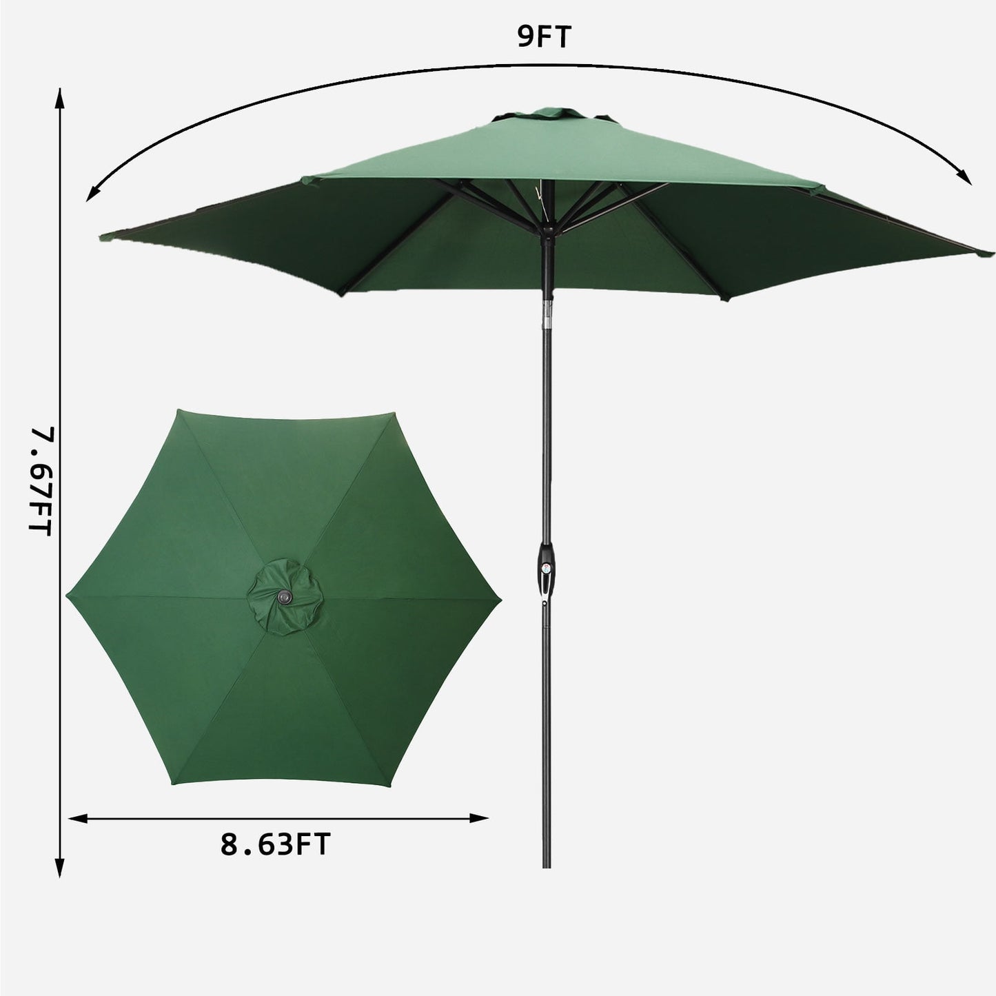 Autlaycil 9ft Outdoor Patio Umbrella 6 Ribs with Tilt and Crank Patio Table Umbrella, Green