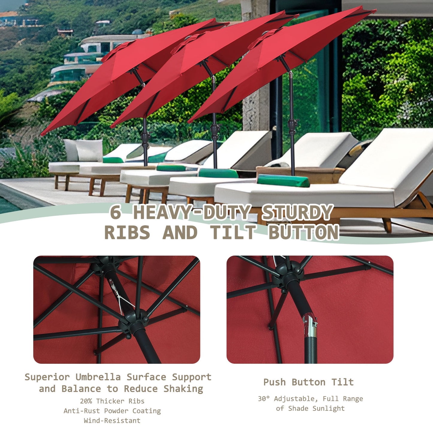 Autlaycil 7.5Ft Outdoor Umbrella with Tilt, Crank and Sturdy Ribs for Lawn, Garden, Backyard and Pool, Red