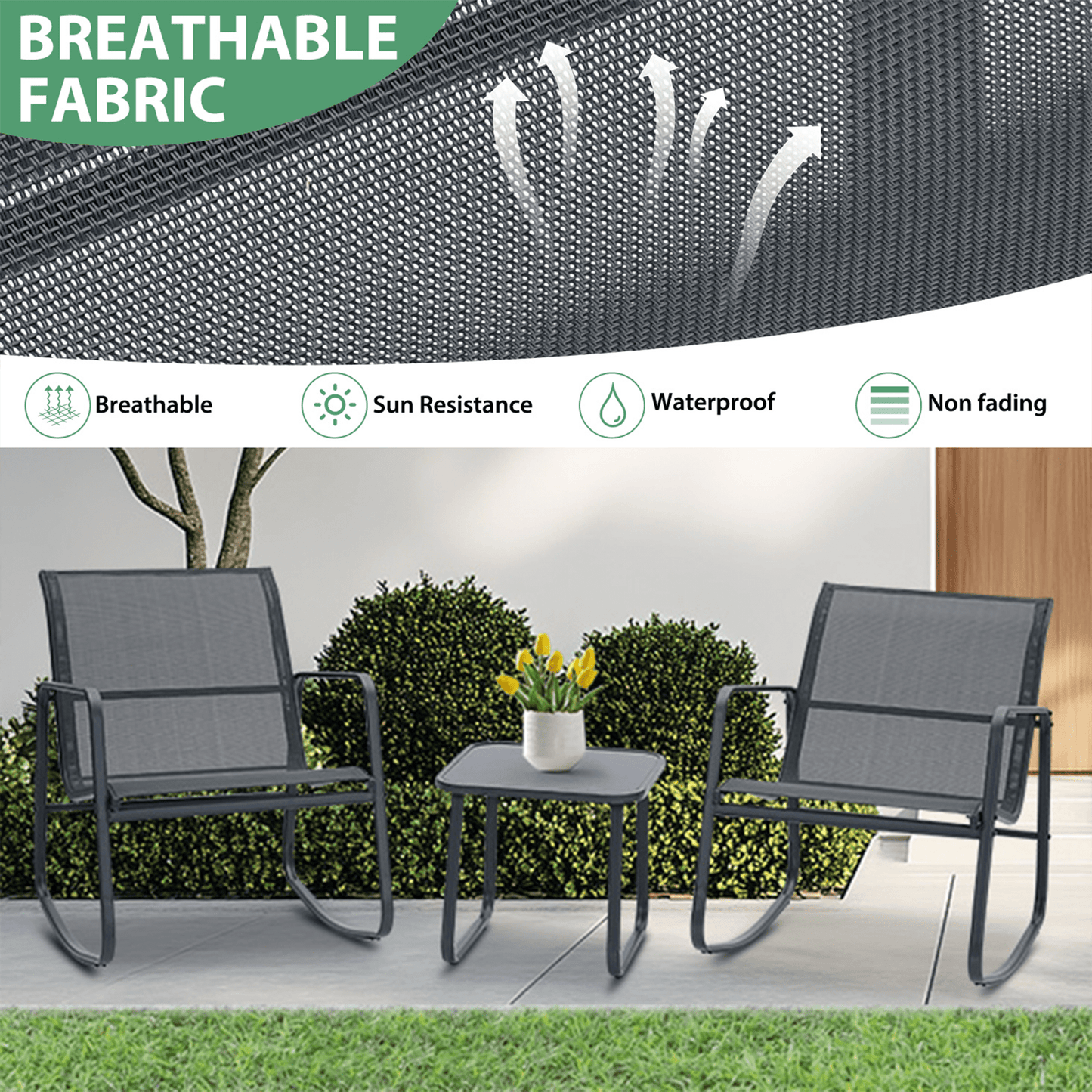 Autlaycil 5 Pcs Patio Outdoor Furniture Sets Contains 2 Textilene Fabric Rocking Bistro Chairs, a Table, a 7.5 ft Multicolour Patio Umbrella with Button Tilt and a Base, Yellow/Khaki/White