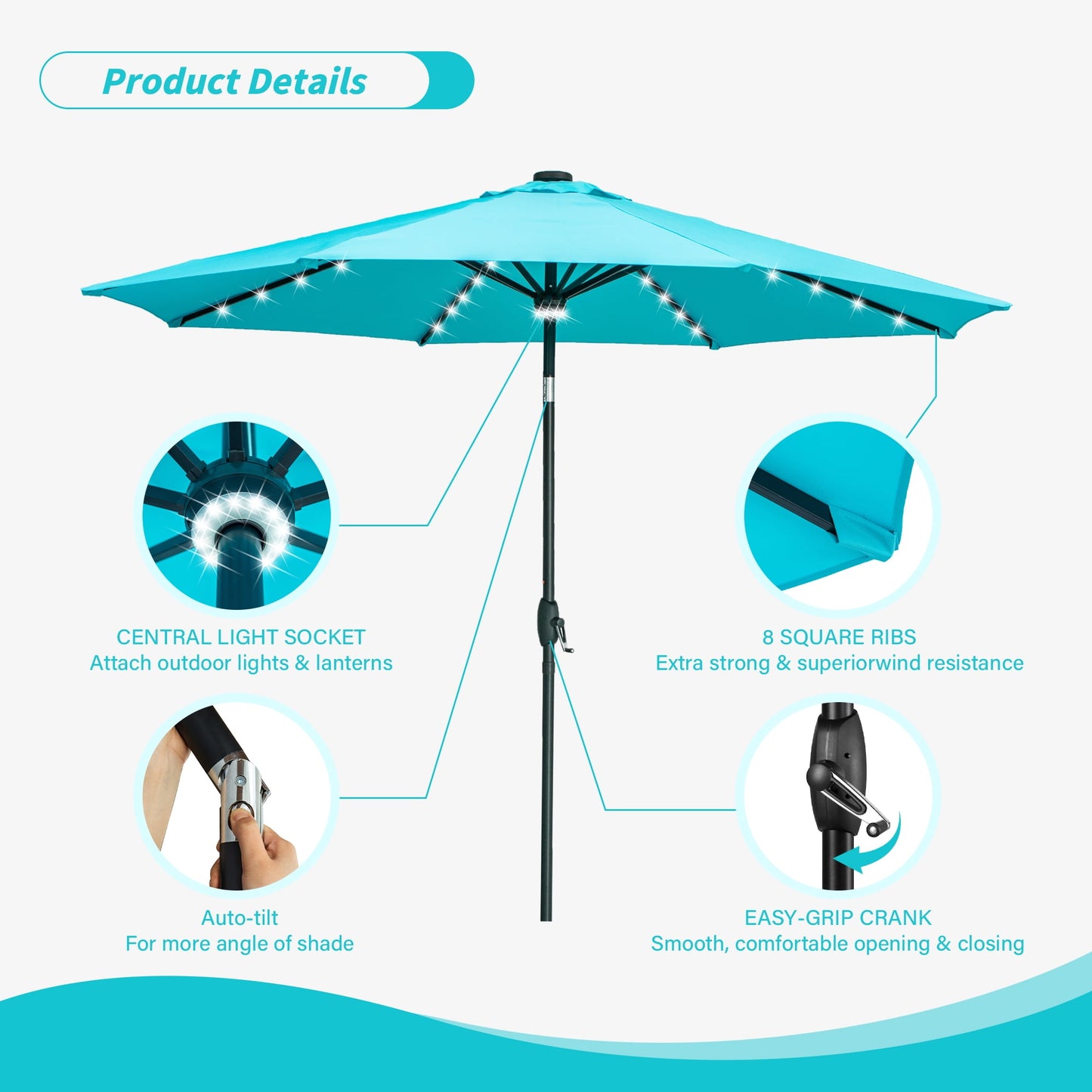 Autlaycil 10 ft Solar Patio Umbrellas with 40 LED lights for Market Outdoor Pool, Steel Tilt Crank, Blue