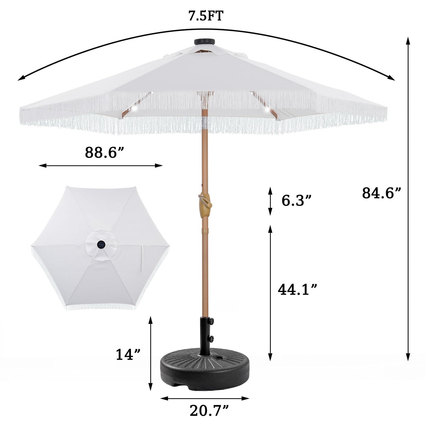 Autlaycil 7.5 ft Fringe Solar Umbrella and Umbrella Base and 3 Piece Outdoor Wicker Furniture Patio Bistro Set, Umbrella Button Tilt, White
