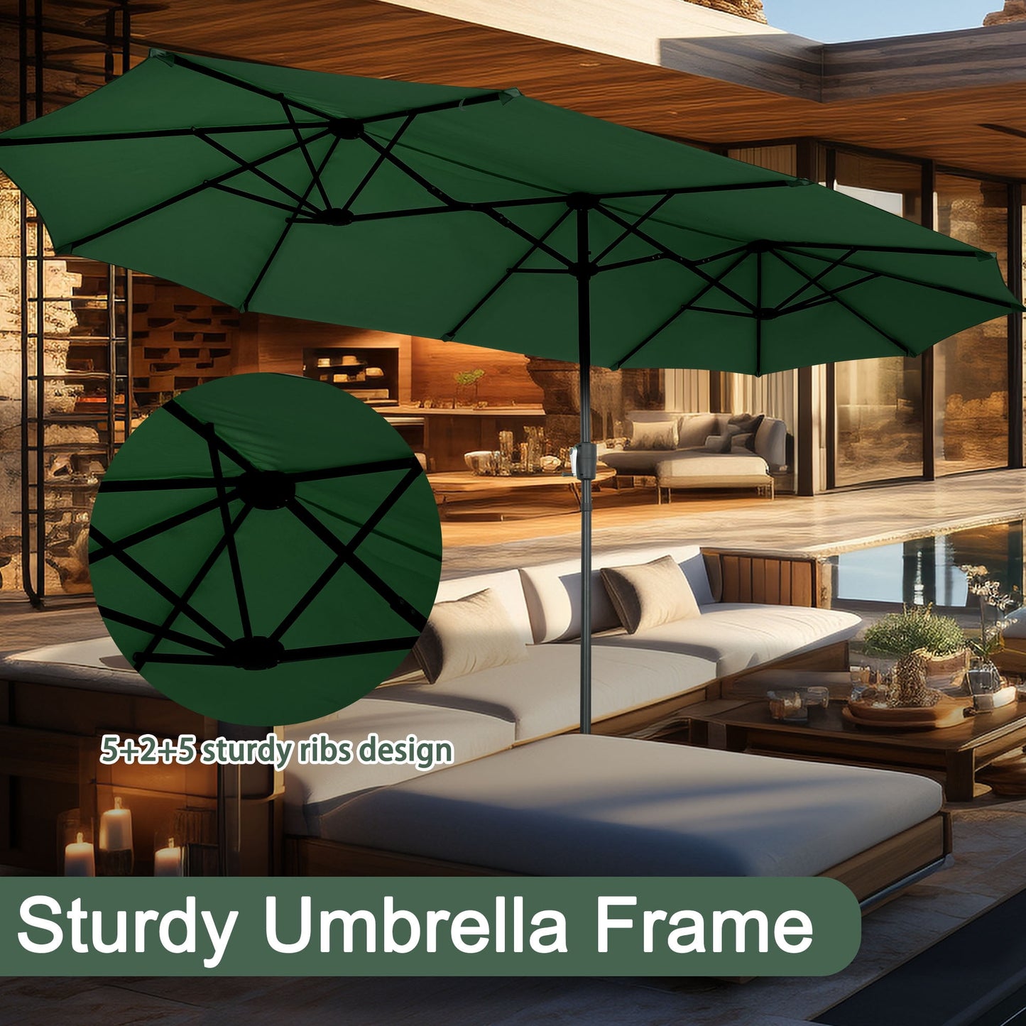 Autlaycil 13 ft Rectangle Patio Umbrella with Crank, Outdoor Market Umbrella with Umbrella Base (Green)