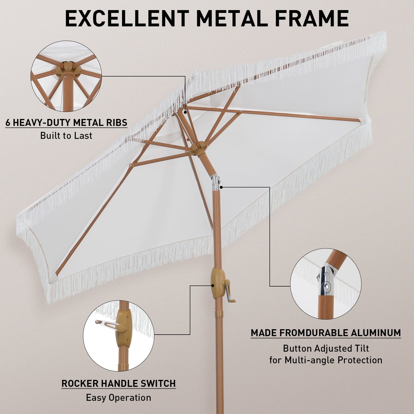 Autlaycil 7.5 ft Fringe Patio Umbrella and Umbrella Base and 3 Piece Outdoor Wicker Furniture Patio Bistro Set, Umbrella Button Tilt, White