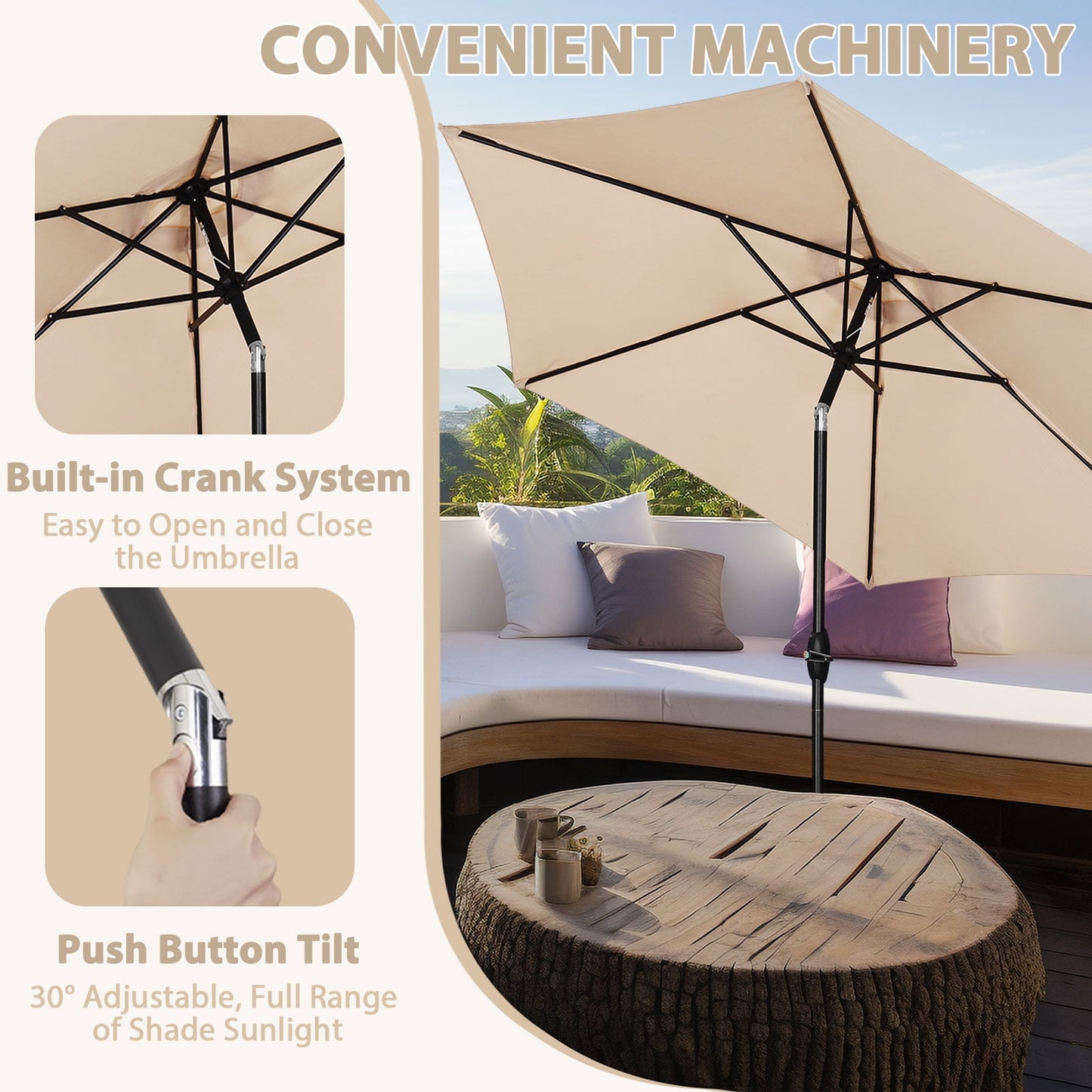 Autlaycil 9ft Outdoor Patio Umbrella 6 Ribs with Tilt and Crank Patio Table Umbrella, Khaki