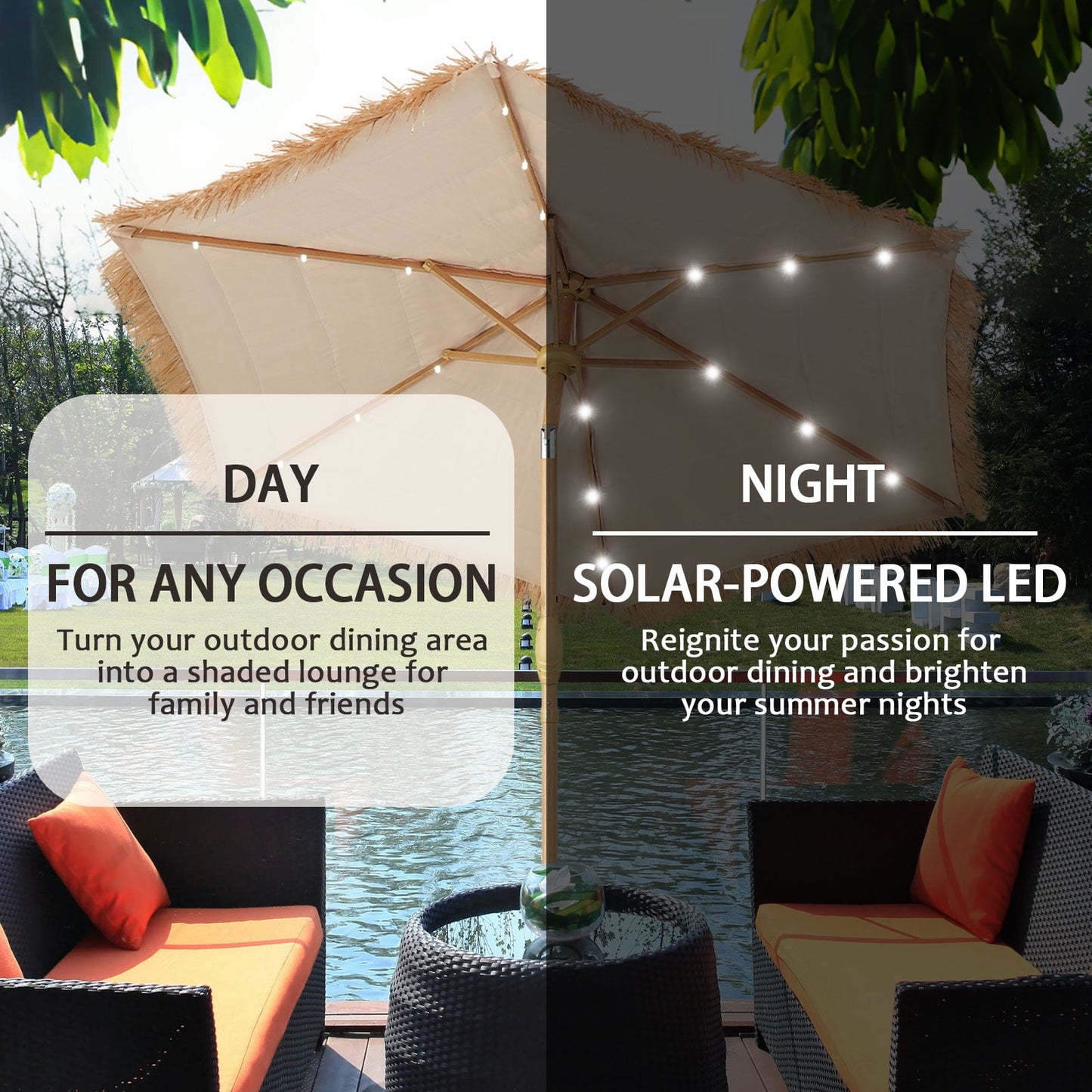 Autlaycil 7.5FT Grass Tiki Patio Umbrella Outdoor Table Umbrella with Push Button Tilt and Crank, 18 LED Lights, Contain Umbrella Base