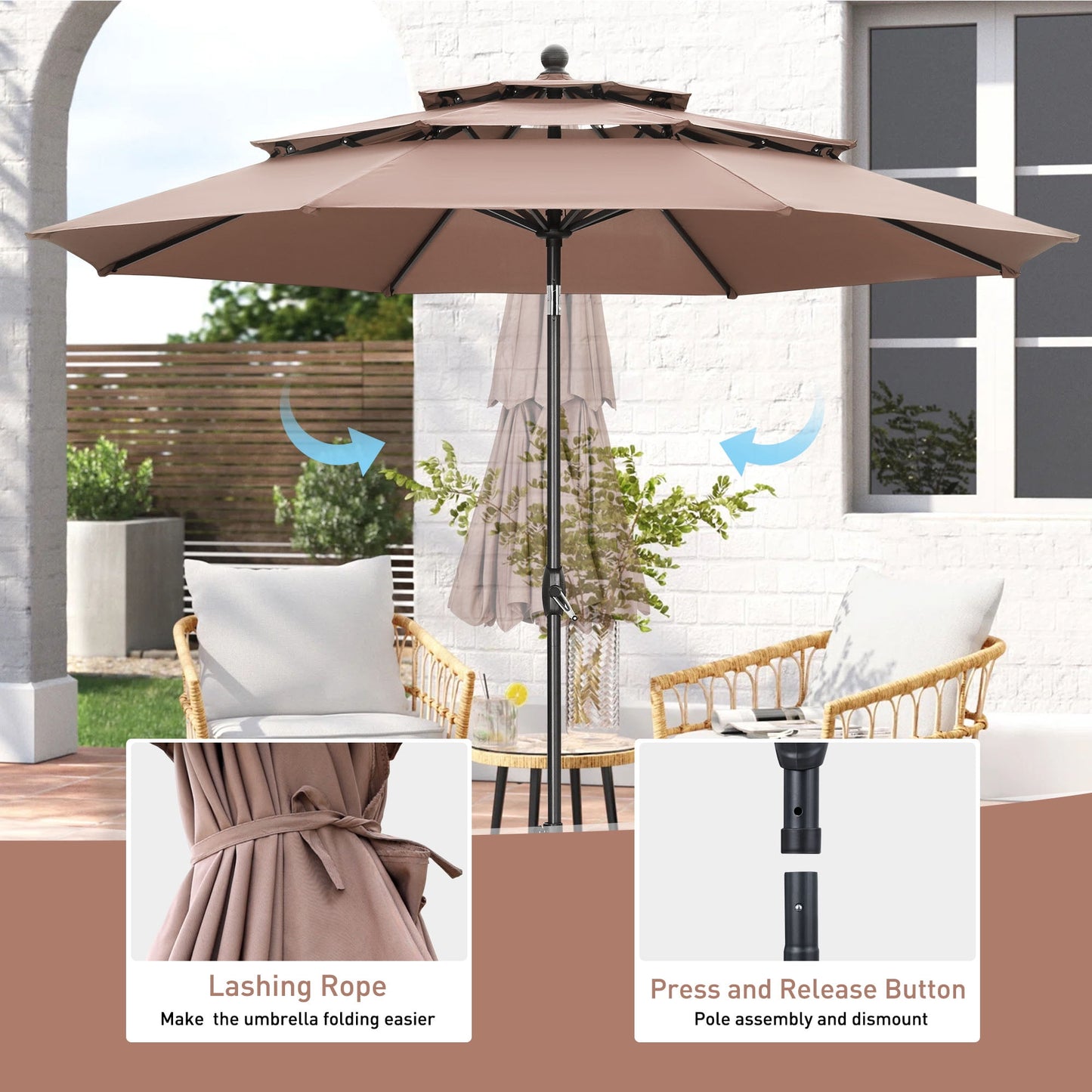 Autlaycil 10 ft Patio Umbrella with Base 3 Tiers Adjustable Outdoor Market Umbrella with Crank for Beach Pool (Coffee)